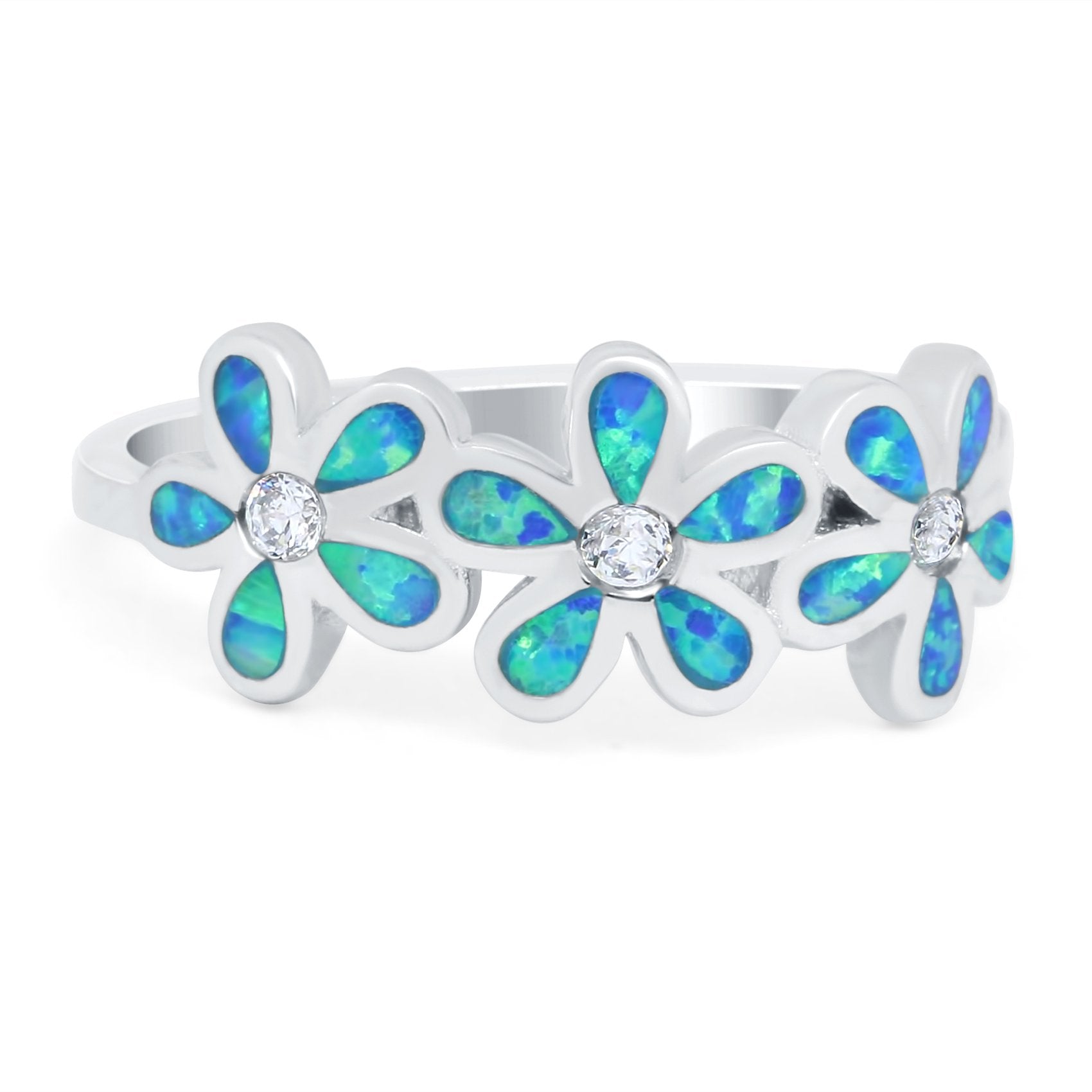 Plumeria Flower Ring Band Lab Created Opal Simulated Cubic Zirconia 925 Sterling Silver (8mm)