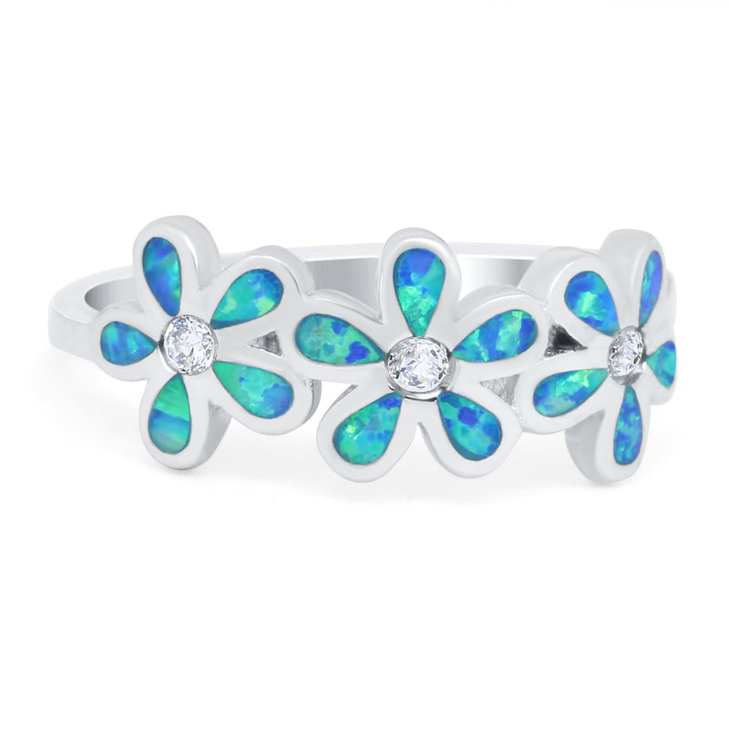 Plumeria Flower Ring Band Lab Created Opal Simulated Cubic Zirconia 925 Sterling Silver (8mm)