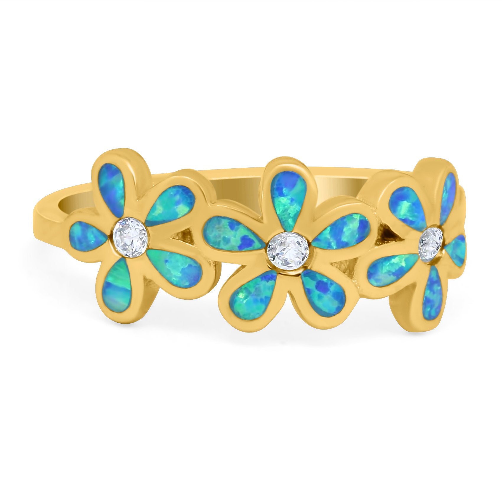 Plumeria Flower Ring Band Lab Created Opal Simulated Cubic Zirconia 925 Sterling Silver (8mm)