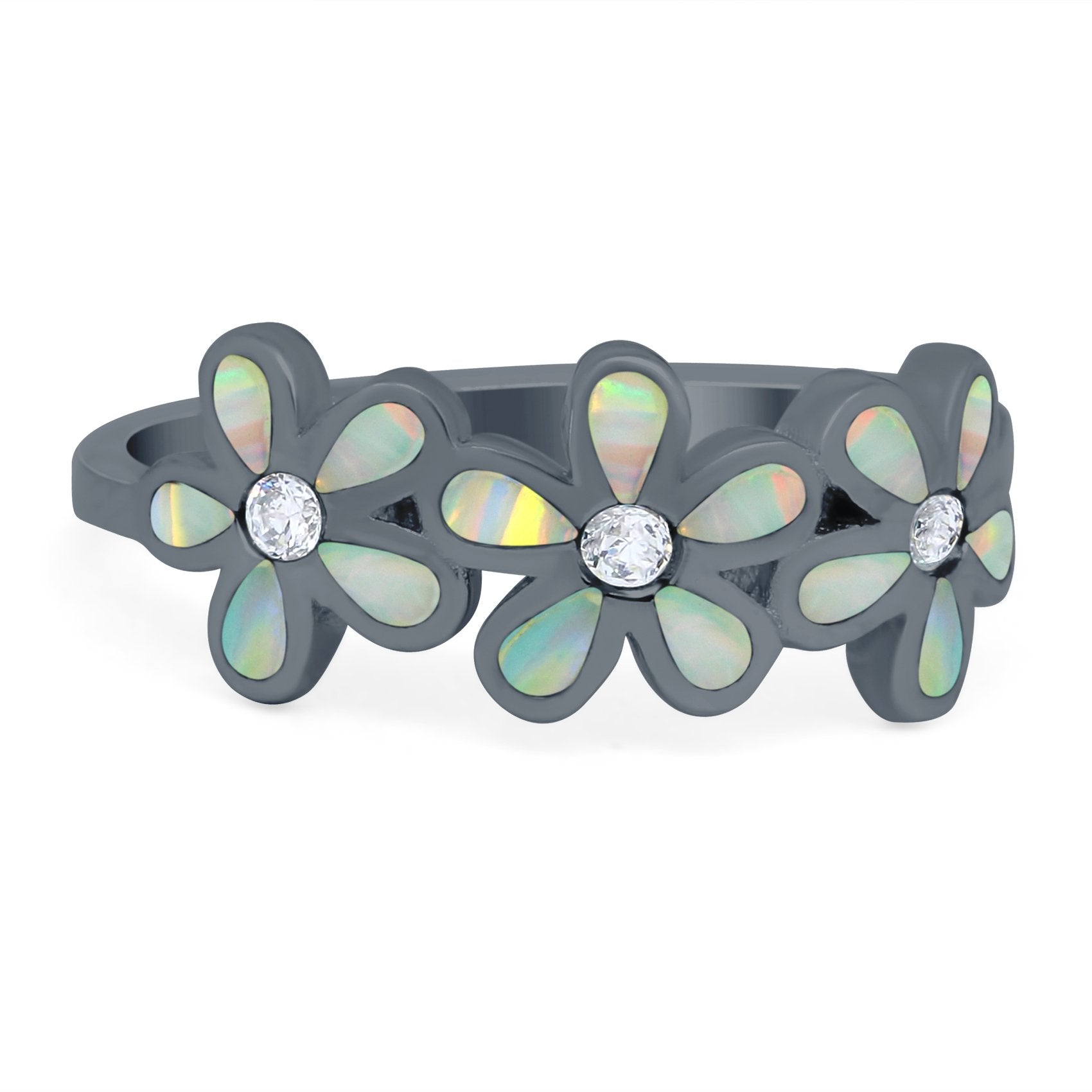 Plumeria Flower Ring Band Lab Created Opal Simulated Cubic Zirconia 925 Sterling Silver (8mm)