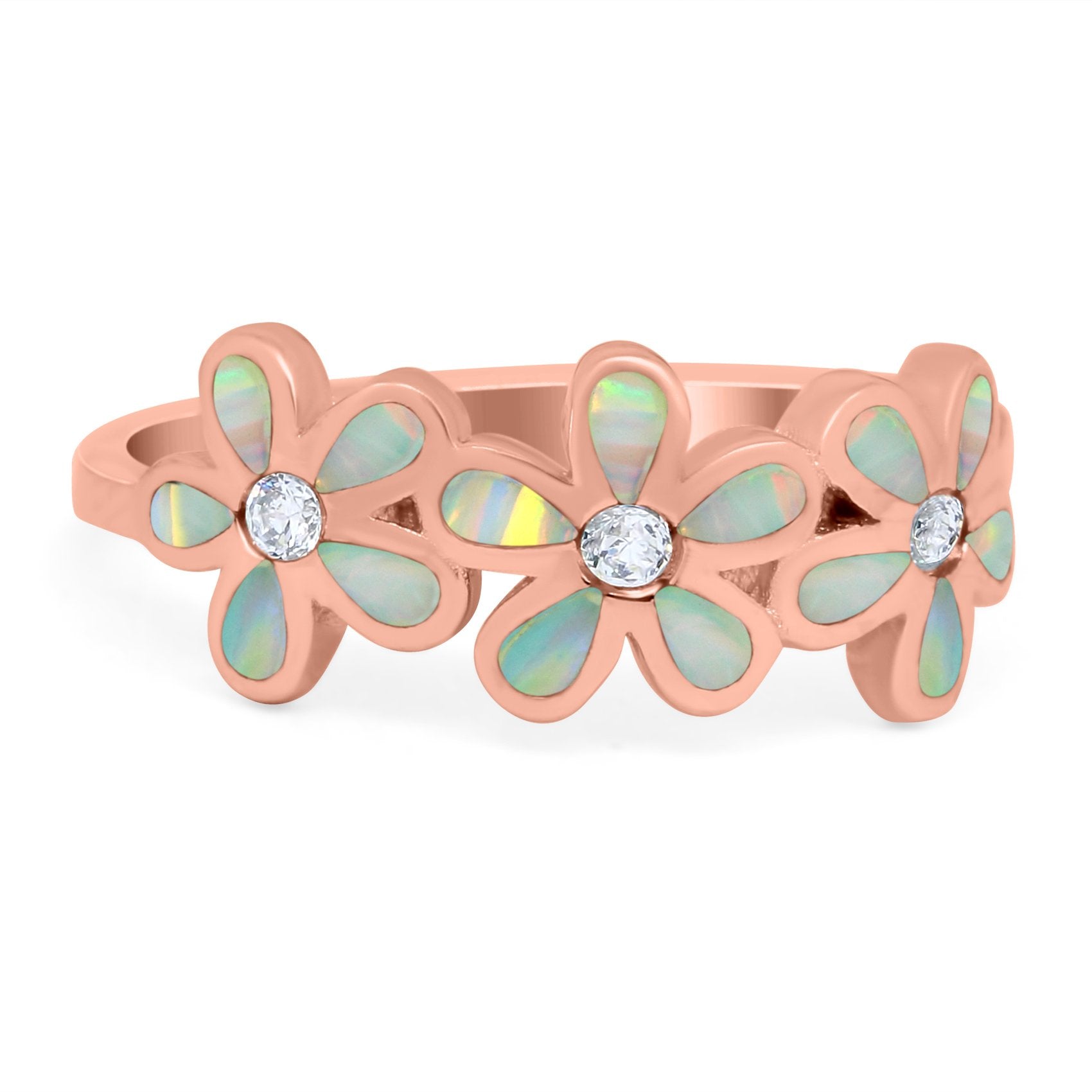 Plumeria Flower Ring Band Lab Created Opal Simulated Cubic Zirconia 925 Sterling Silver (8mm)