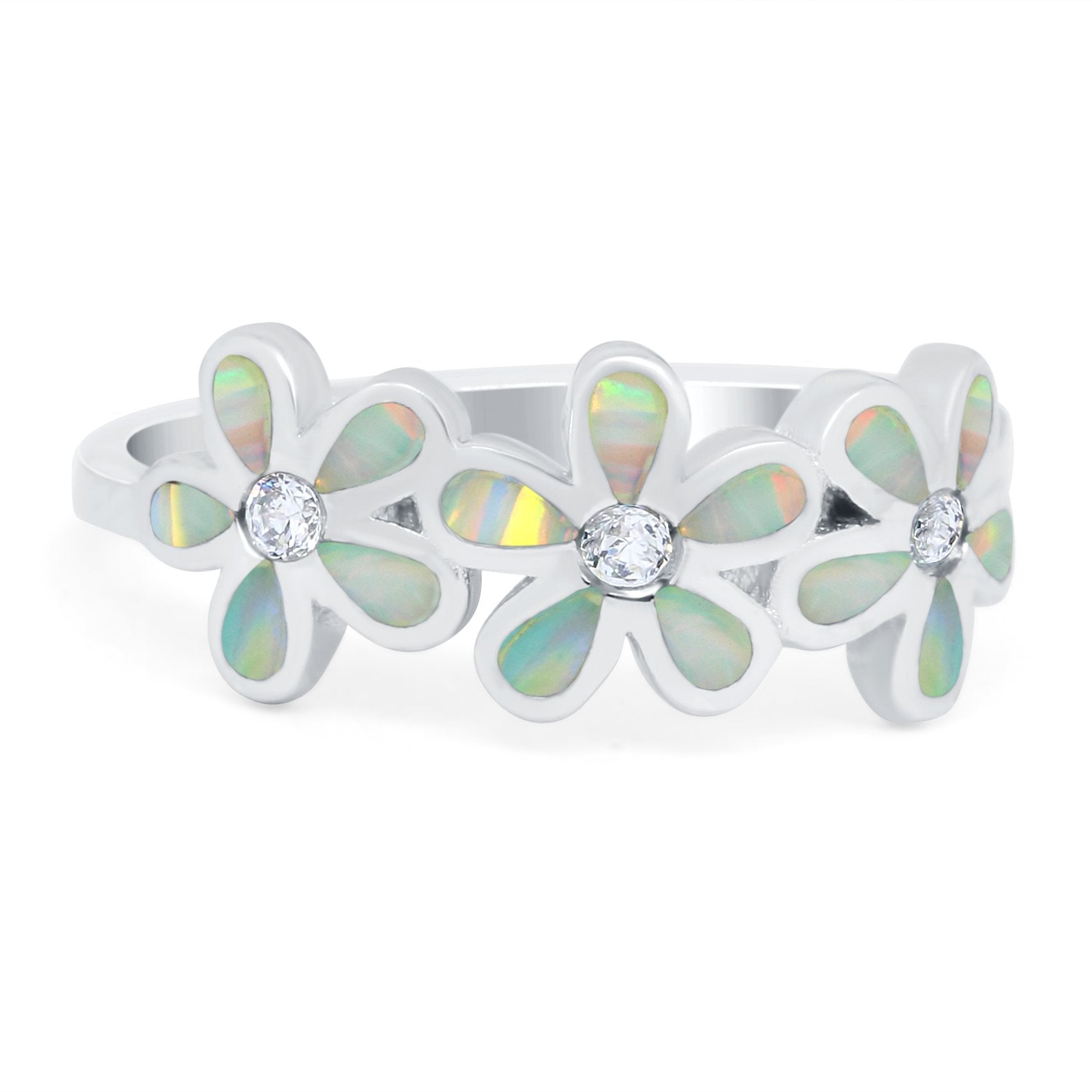 Plumeria Flower Ring Band Lab Created Opal Simulated Cubic Zirconia 925 Sterling Silver (8mm)