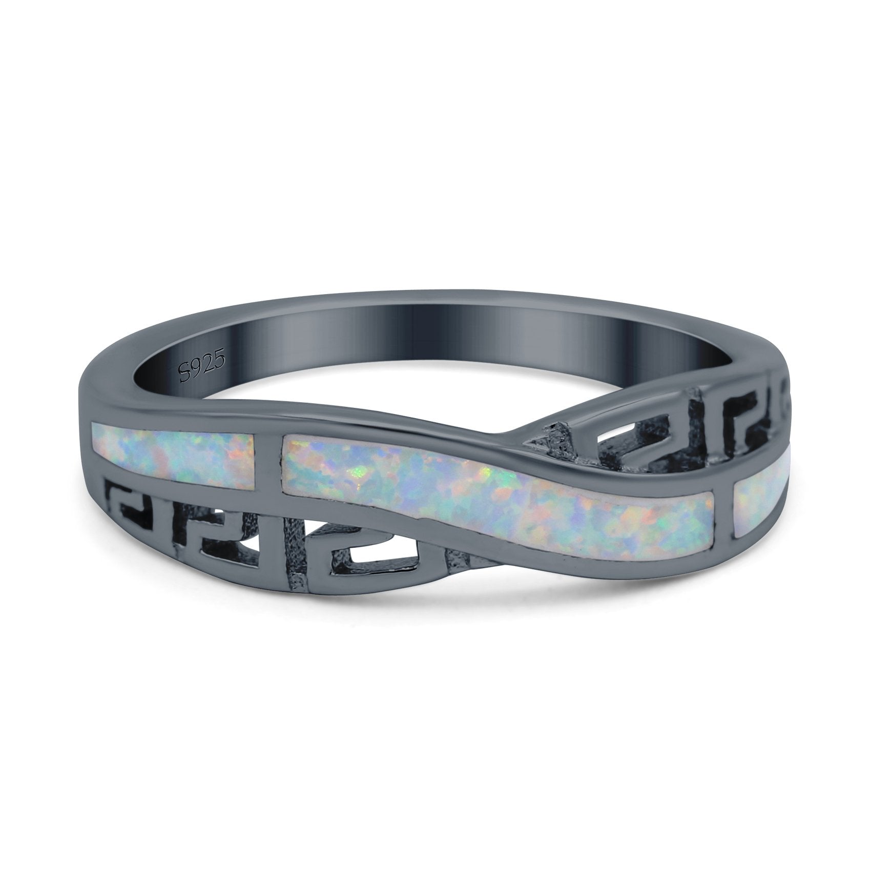 Greek Key Crisscross Ring Lab Created White Opal Band 925 Sterling Silver