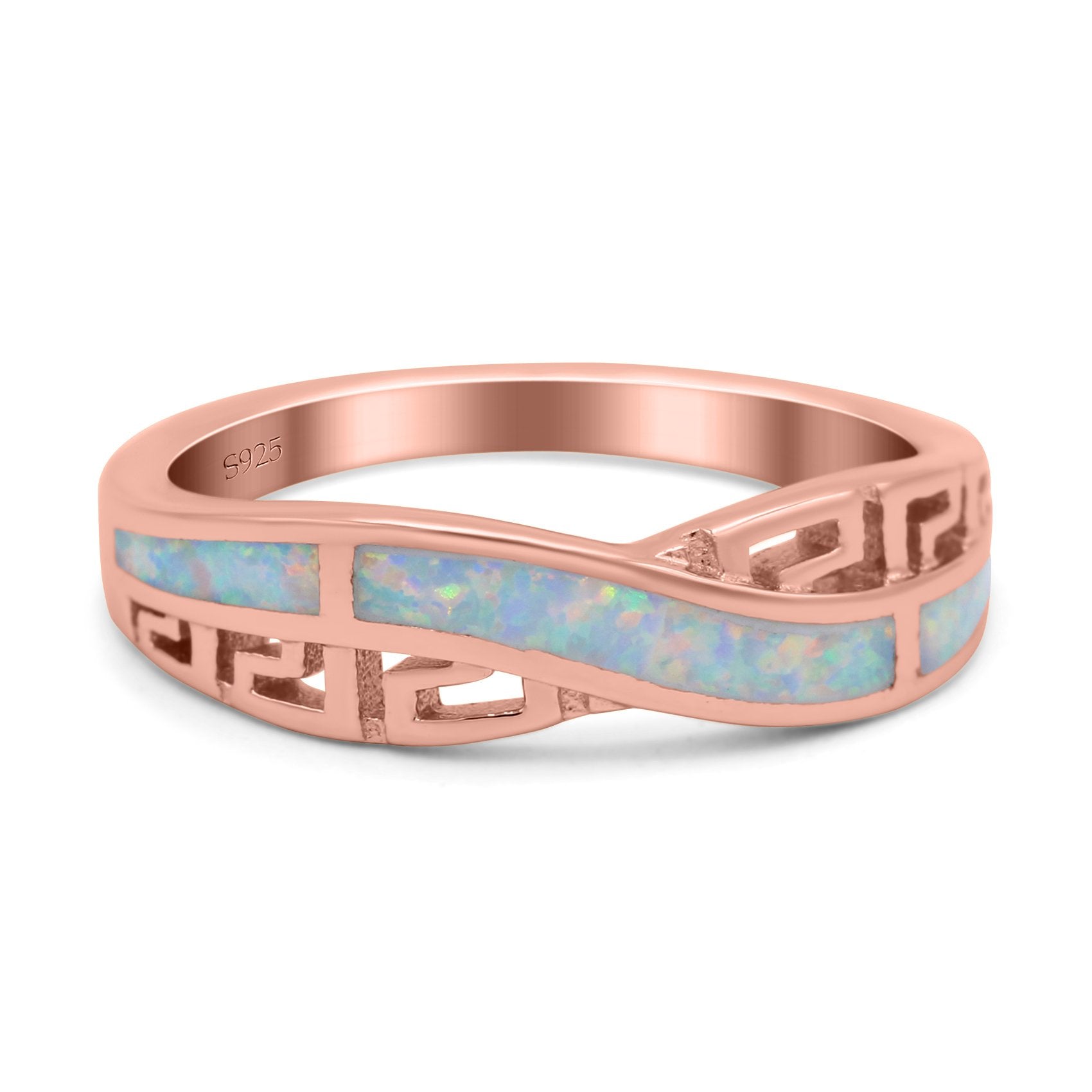 Greek Key Crisscross Ring Lab Created White Opal Band 925 Sterling Silver