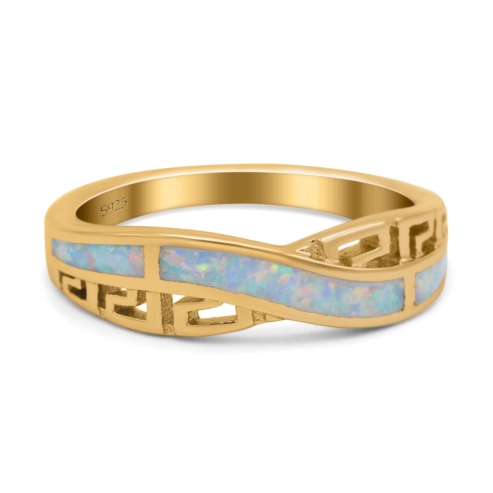 Greek Key Crisscross Ring Lab Created White Opal Band 925 Sterling Silver