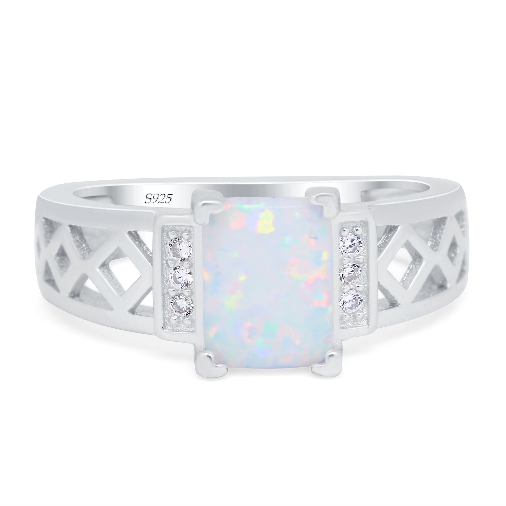 Fashion Ring Radiant Cut Lab Created White Opal Round Simulated Cubic Zirconia 925 Sterling Silver