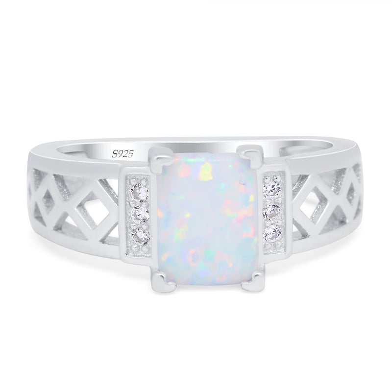 Fashion Ring Radiant Cut Lab Created White Opal Round Simulated Cubic Zirconia 925 Sterling Silver