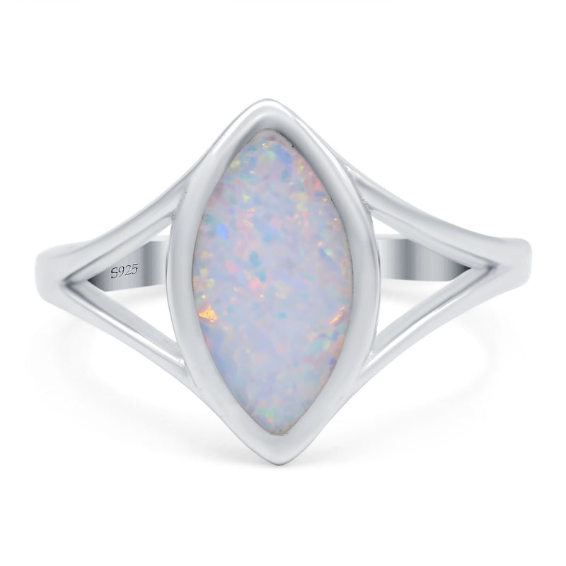 Solitaire Ring Marquise Shape Created Opal Split Shank 925 Sterling Silver (15mm)