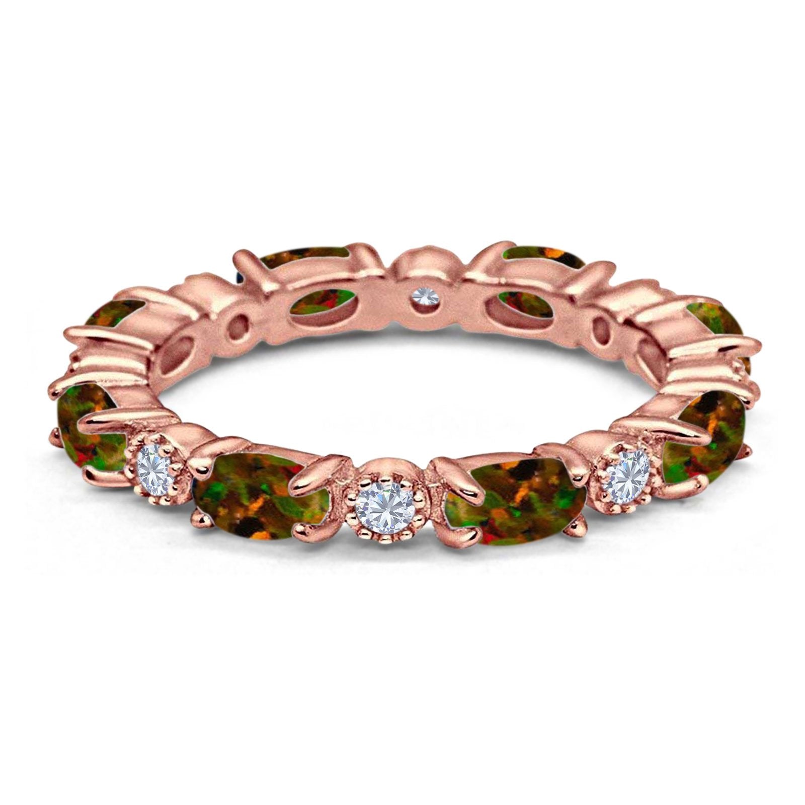 Full Eternity Stackable Band Ring Oval Created Opal 925 Sterling Silver