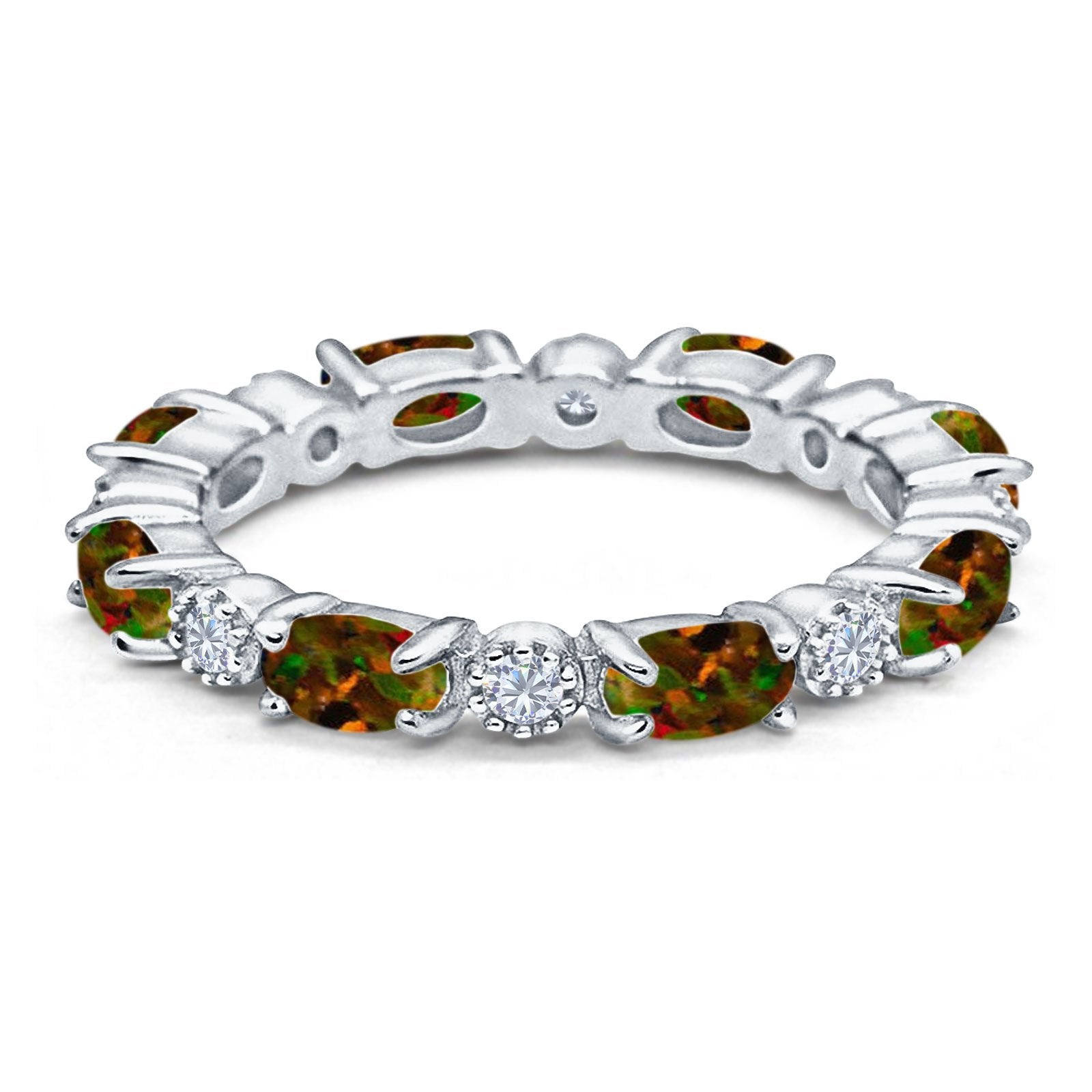 Full Eternity Stackable Band Ring Oval Created Opal 925 Sterling Silver