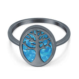 Oval Tree of Life Ring Lab Created Opal Rhodium Plated 925 Sterling Silver