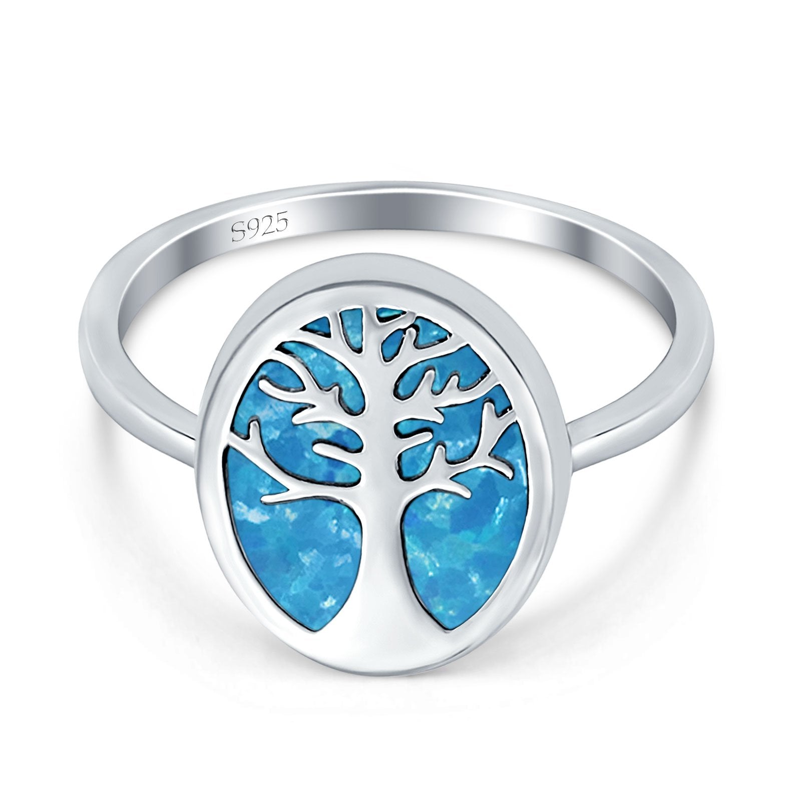 Oval Tree of Life Ring Lab Created Opal Rhodium Plated 925 Sterling Silver