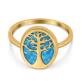 Oval Tree of Life Ring Lab Created Opal Rhodium Plated 925 Sterling Silver