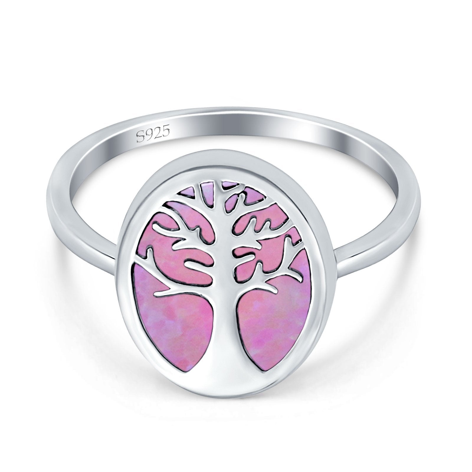 Oval Tree of Life Ring Lab Created Opal Rhodium Plated 925 Sterling Silver