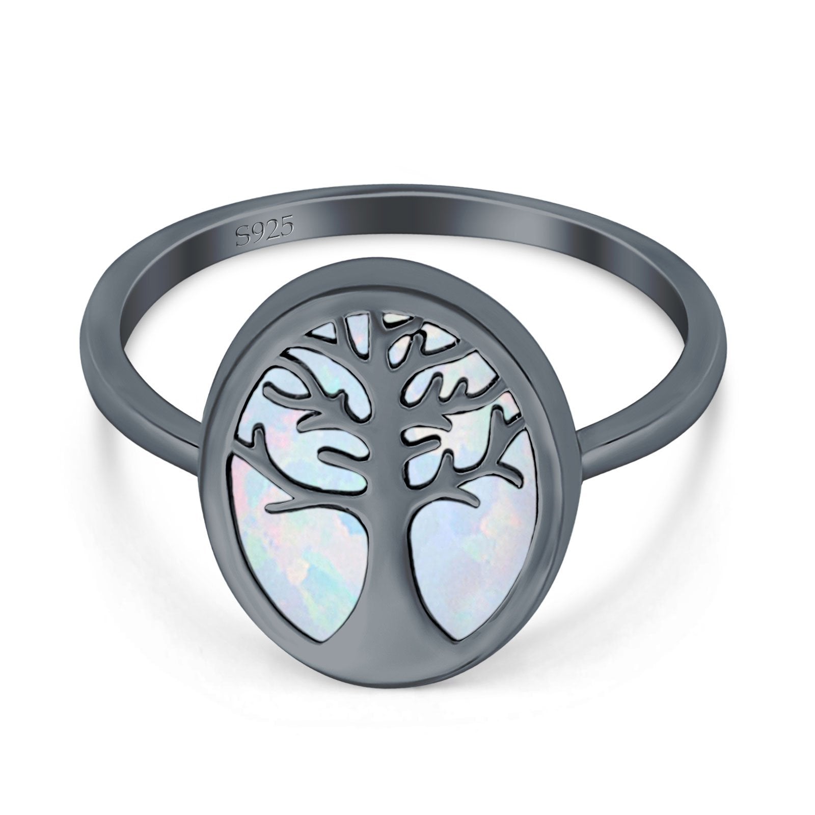 Oval Tree of Life Ring Lab Created Opal Rhodium Plated 925 Sterling Silver
