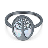 Oval Tree of Life Ring Lab Created Opal Rhodium Plated 925 Sterling Silver