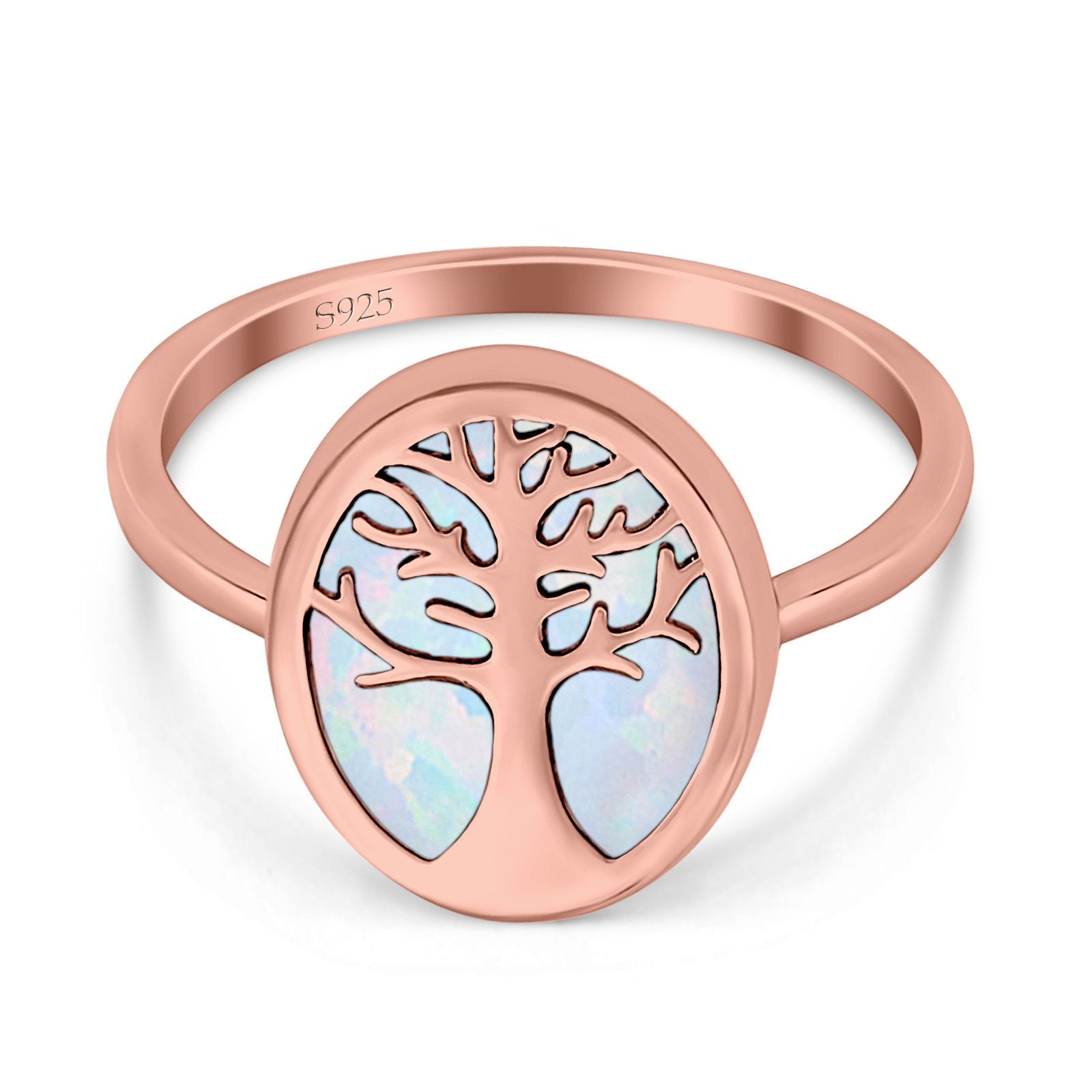 Oval Tree of Life Ring Lab Created Opal Rhodium Plated 925 Sterling Silver