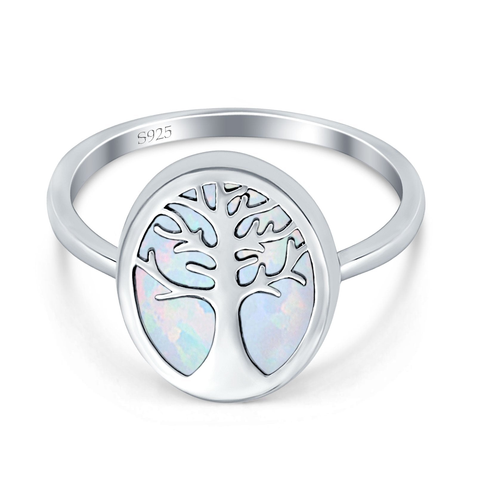 Oval Tree of Life Ring Lab Created Opal Rhodium Plated 925 Sterling Silver