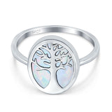 Oval Tree of Life Ring Lab Created Opal Rhodium Plated 925 Sterling Silver