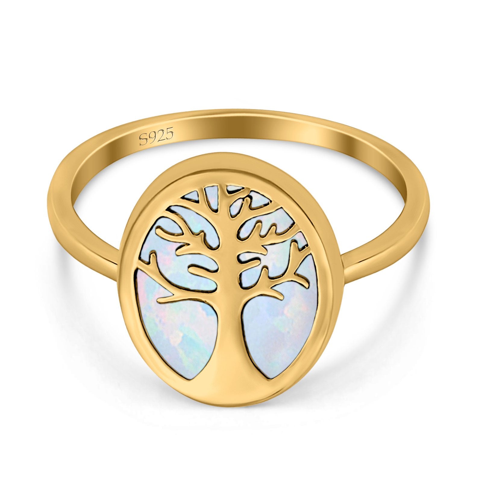 Oval Tree of Life Ring Lab Created Opal Rhodium Plated 925 Sterling Silver