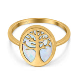 Oval Tree of Life Ring Lab Created Opal Rhodium Plated 925 Sterling Silver