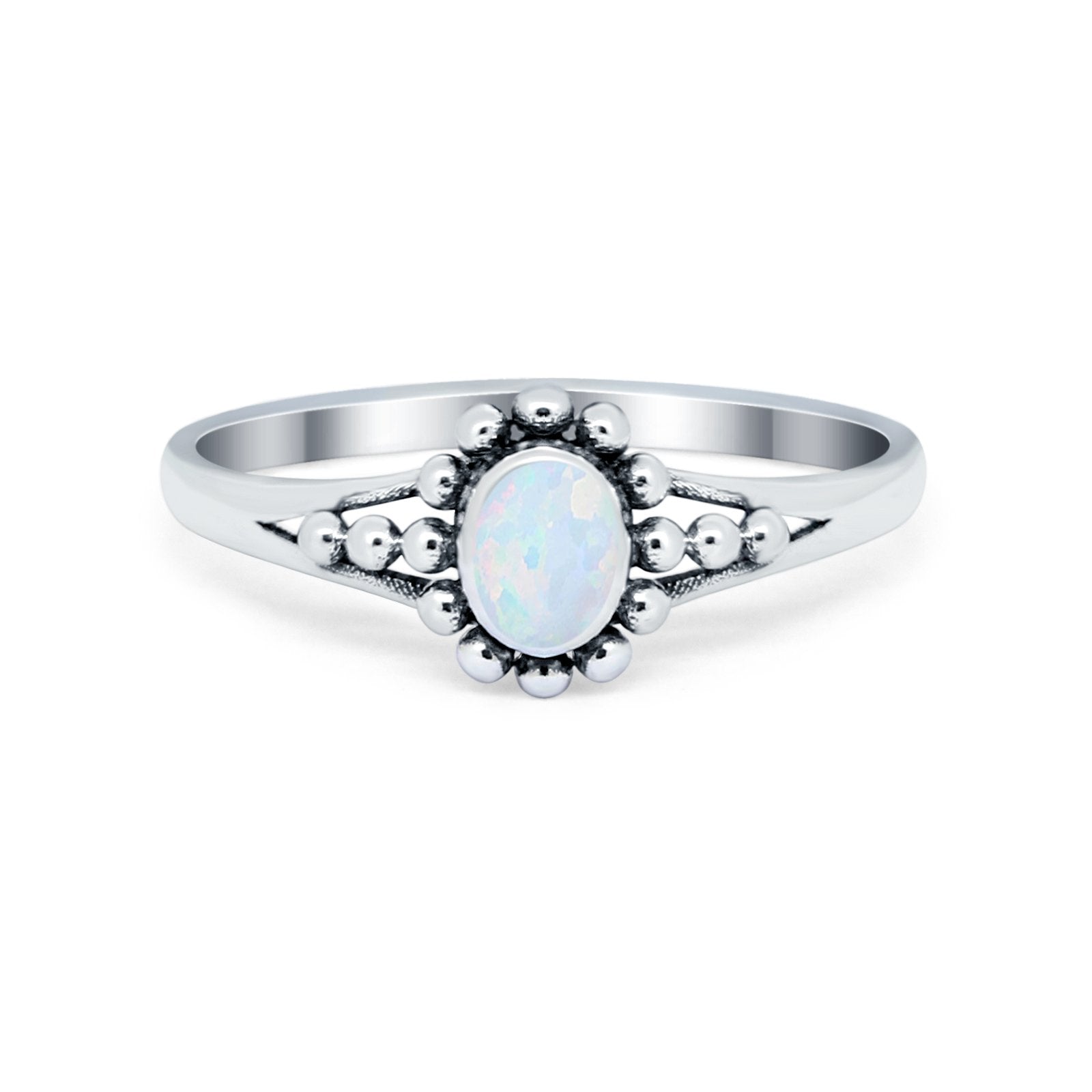 Bali Design Oxidized Style Lab Created Blue Opal Ring 925 Sterling Silver