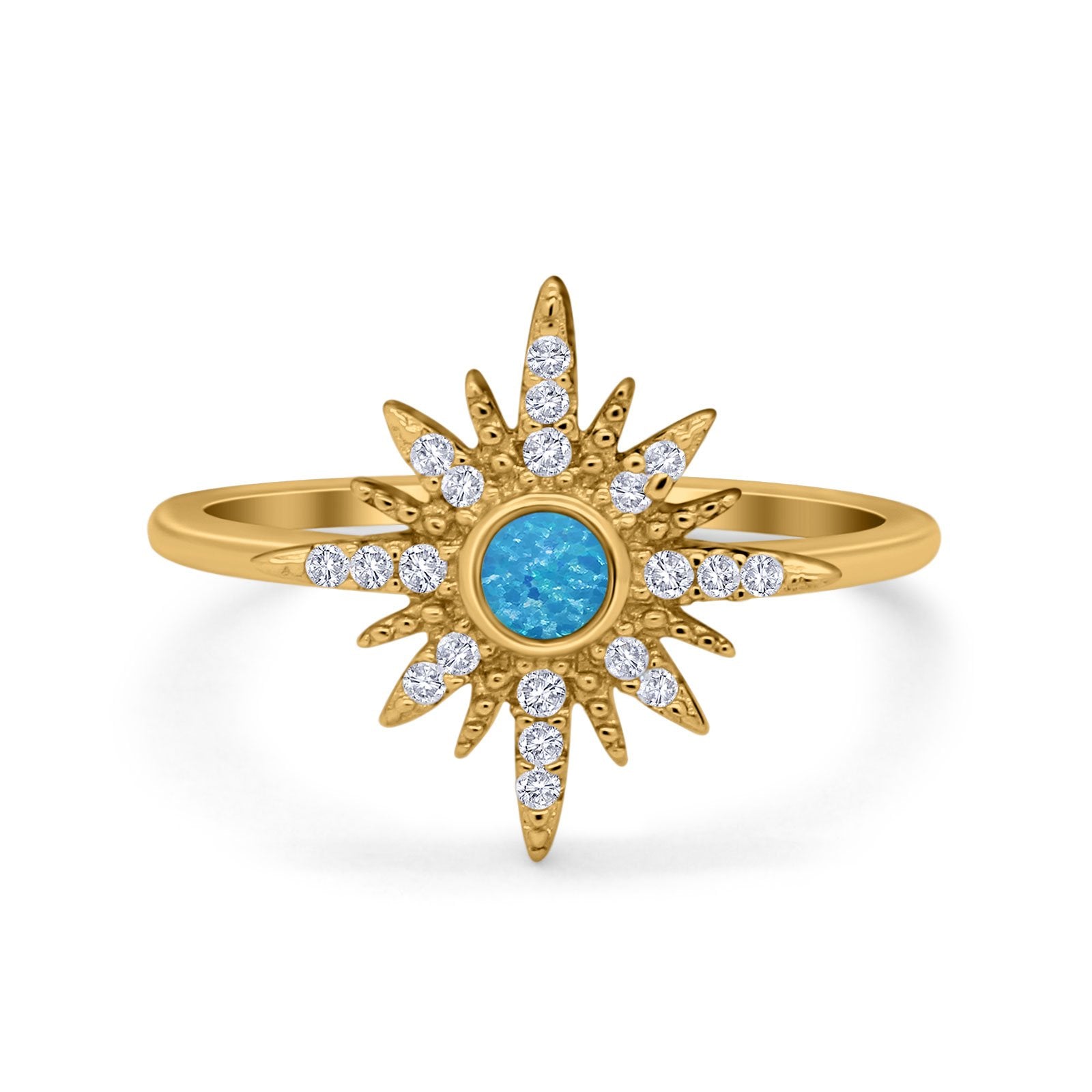 Cluster Starburst Opal Ring Round Simulated Cubic Zirconia 925 Sterling Silver