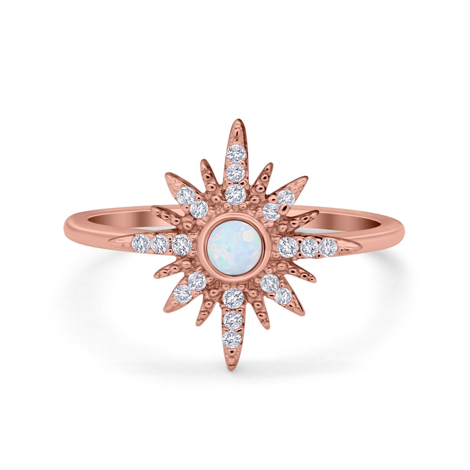 Cluster Starburst Opal Ring Round Simulated Cubic Zirconia 925 Sterling Silver
