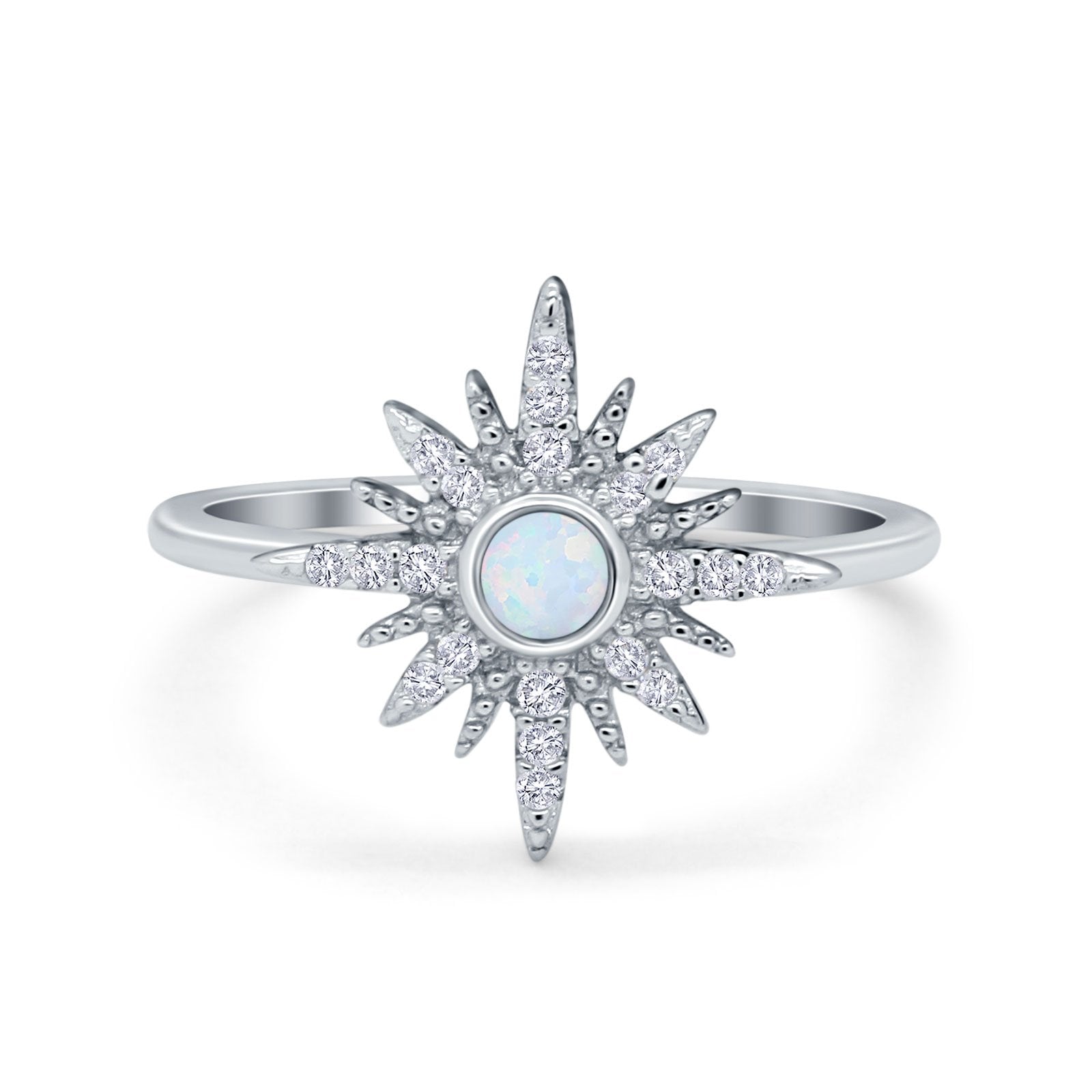 Cluster Starburst Opal Ring Round Simulated Cubic Zirconia 925 Sterling Silver