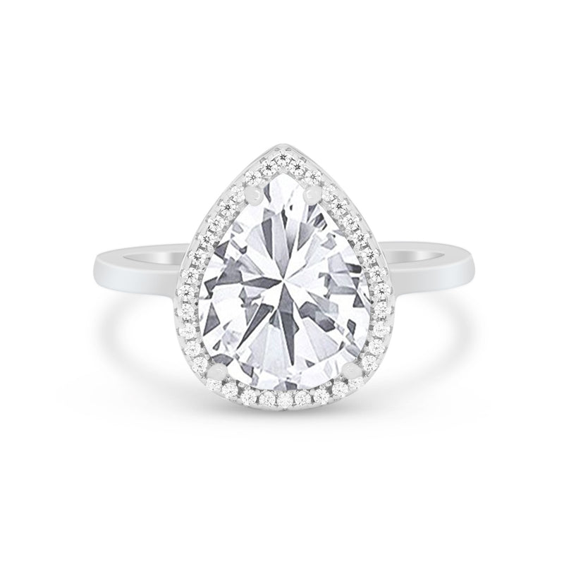 Halo Teardrop Wedding Ring Pear Simulated Cubic Zirconia 925 Sterling Silver