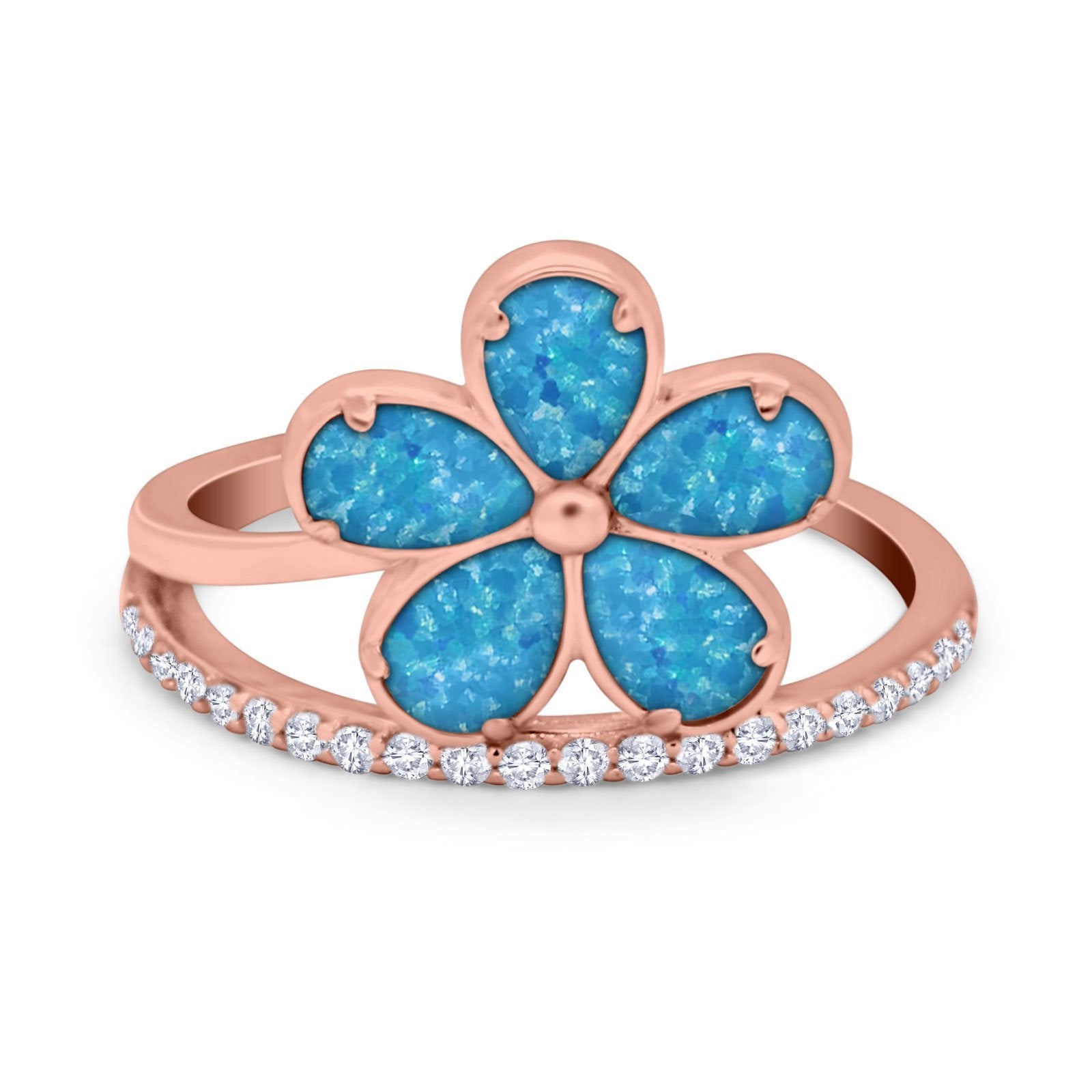 Plumeria Flower Ring Simulated Cubic Zirconia Opal 925 Sterling Silver