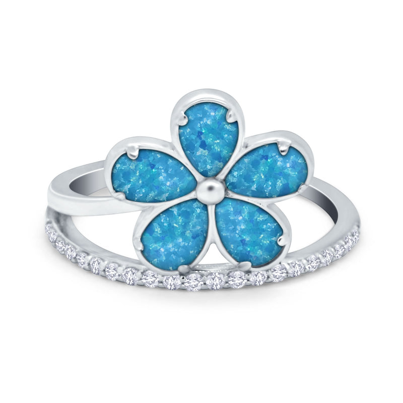 Plumeria Flower Ring Simulated Cubic Zirconia Opal 925 Sterling Silver
