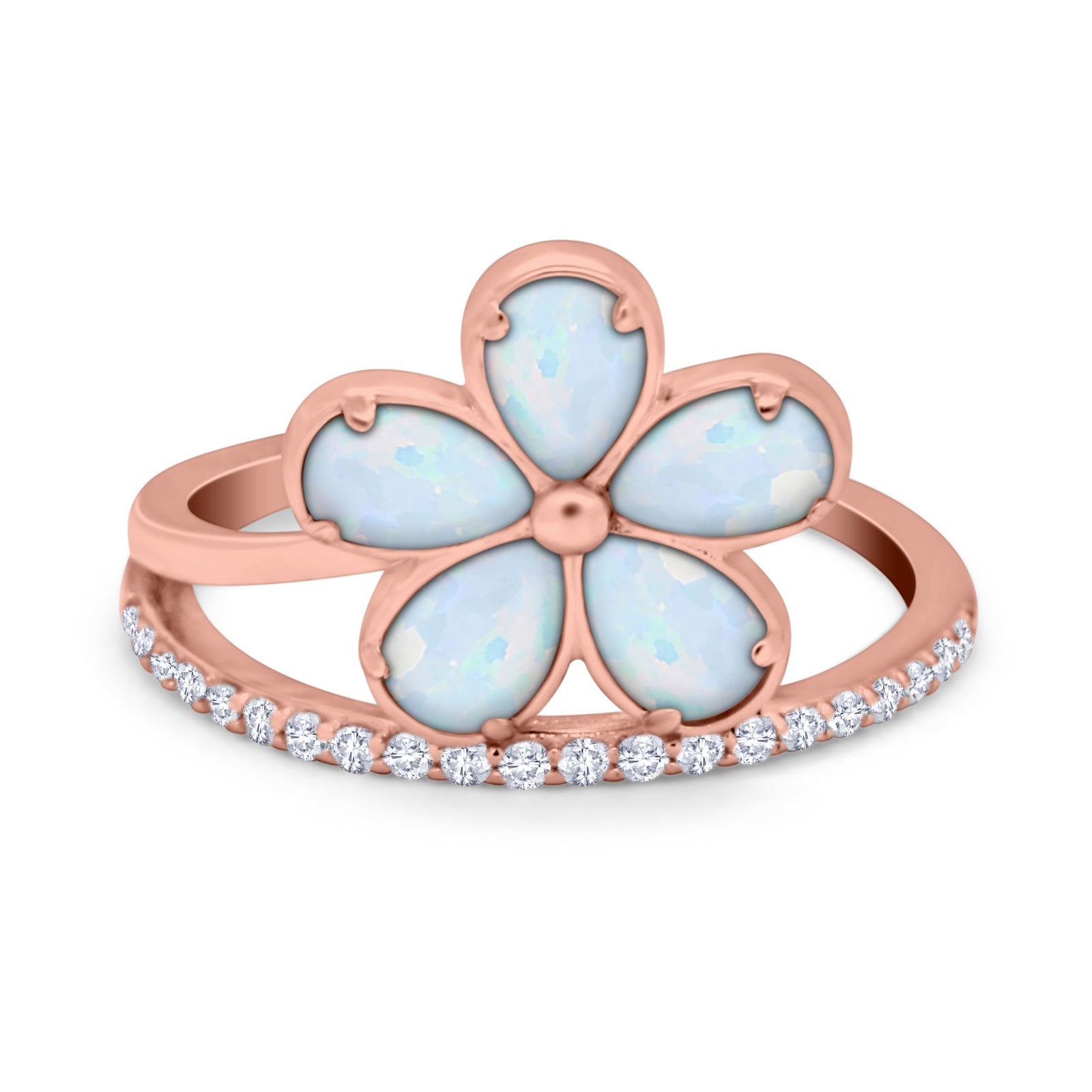 Plumeria Flower Ring Simulated Cubic Zirconia Opal 925 Sterling Silver