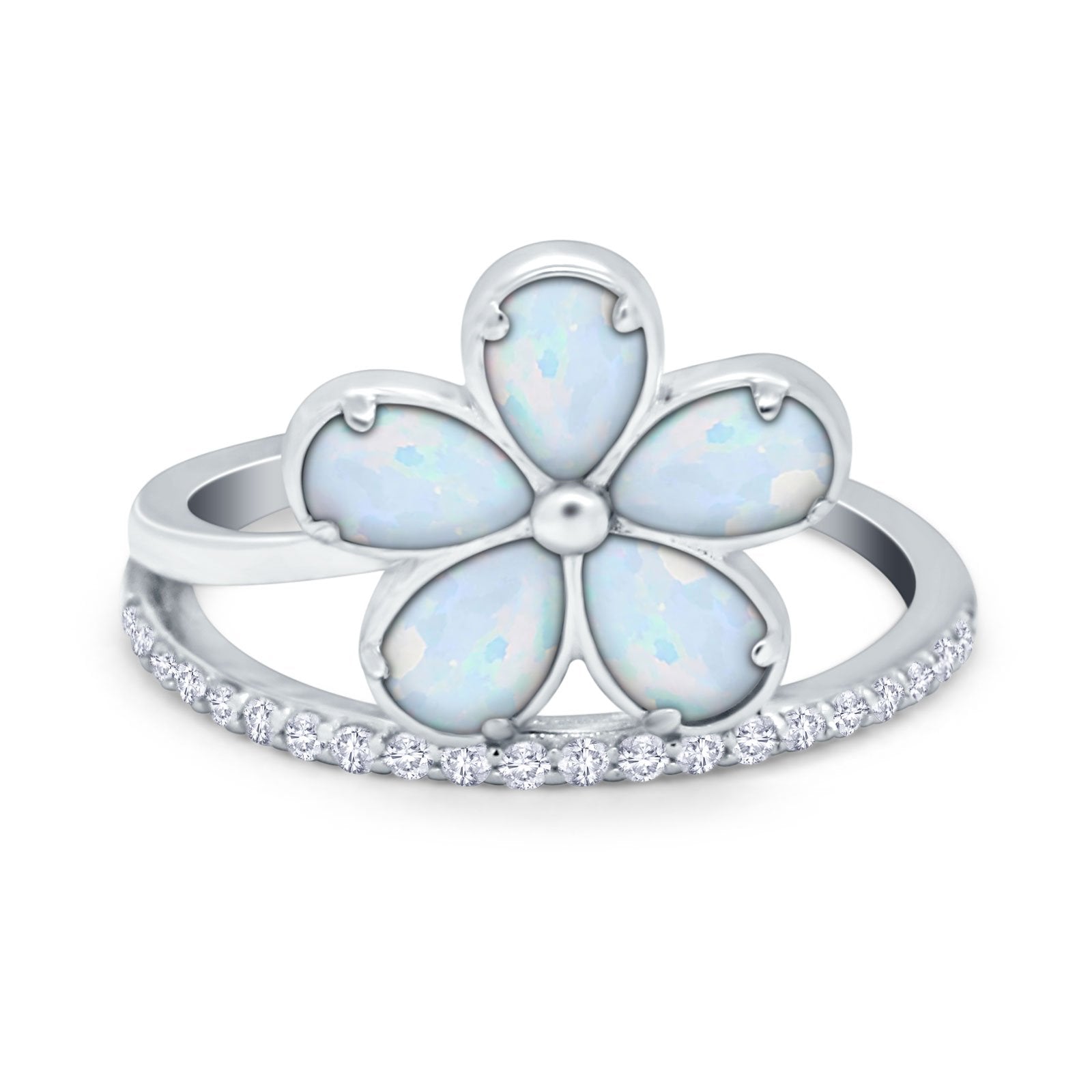 Plumeria Flower Ring Simulated Cubic Zirconia Opal 925 Sterling Silver