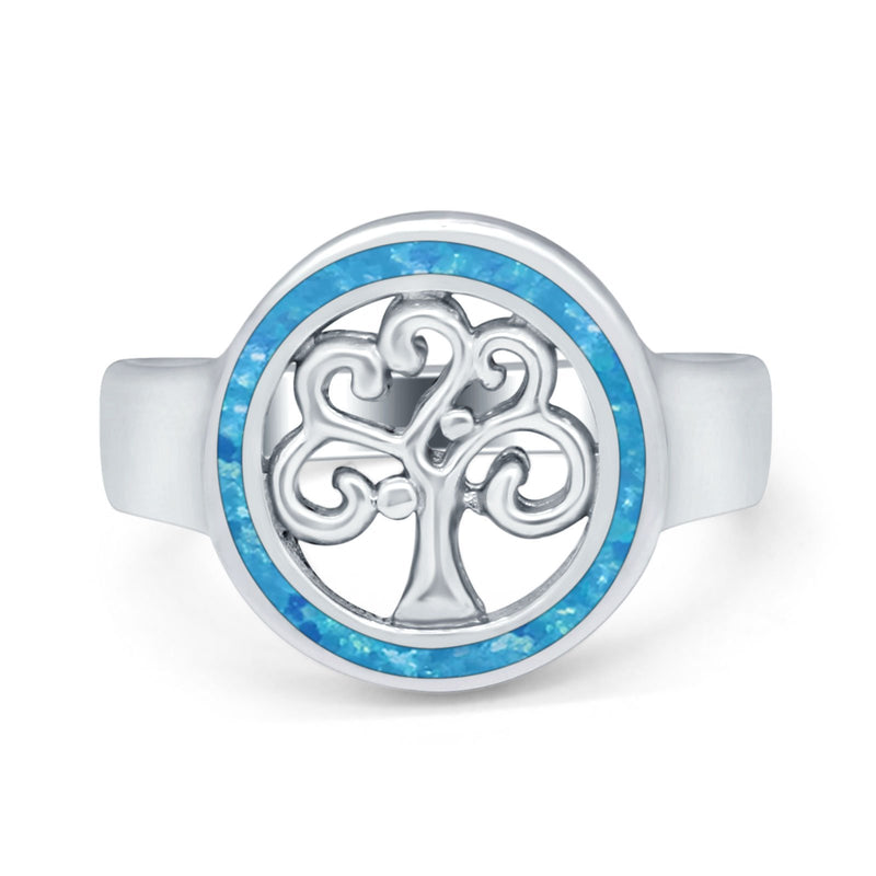 Tree of Life Band Ring Simulated Cubic Zirconia Opal 925 Sterling Silver