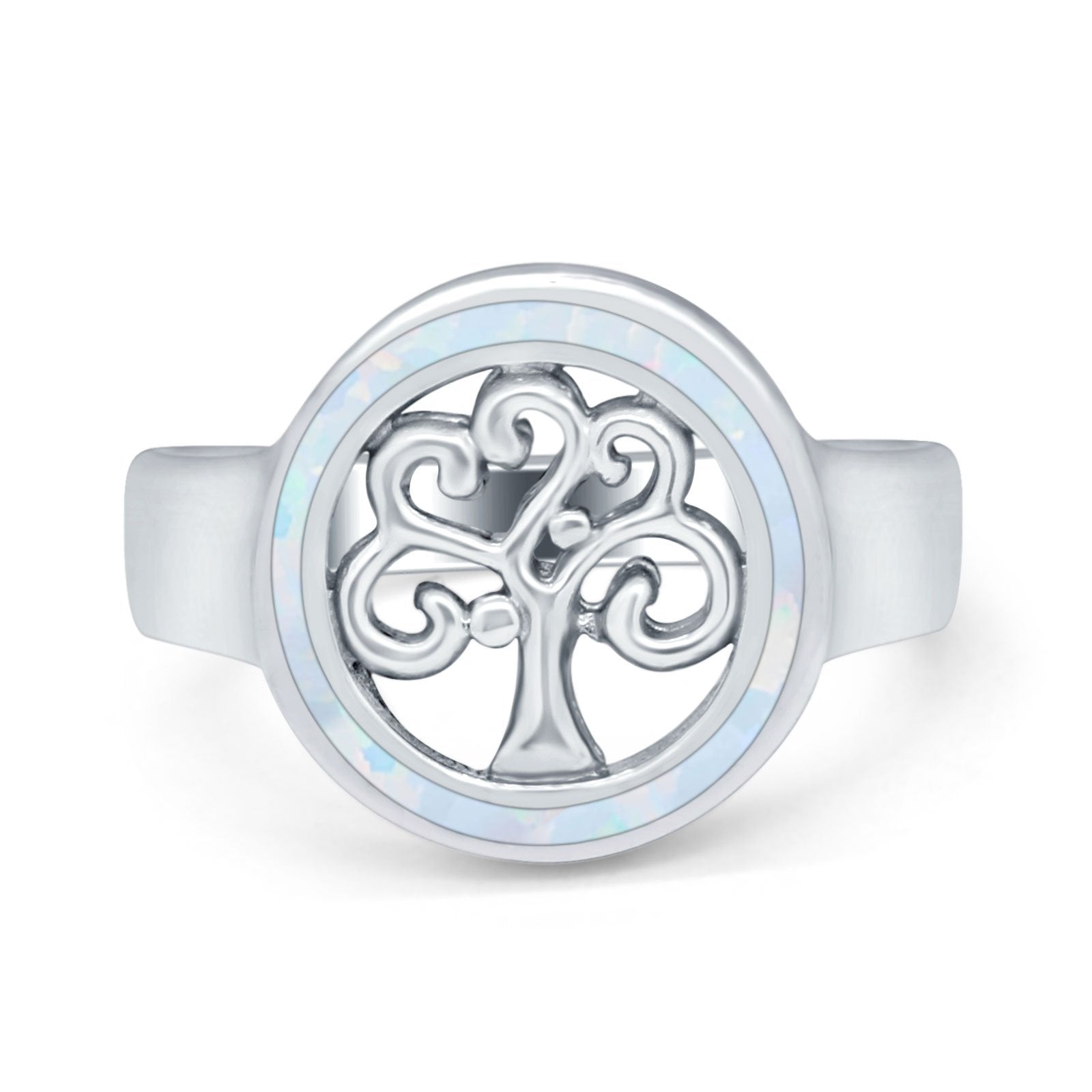 Tree of Life Band Ring Simulated Cubic Zirconia Opal 925 Sterling Silver