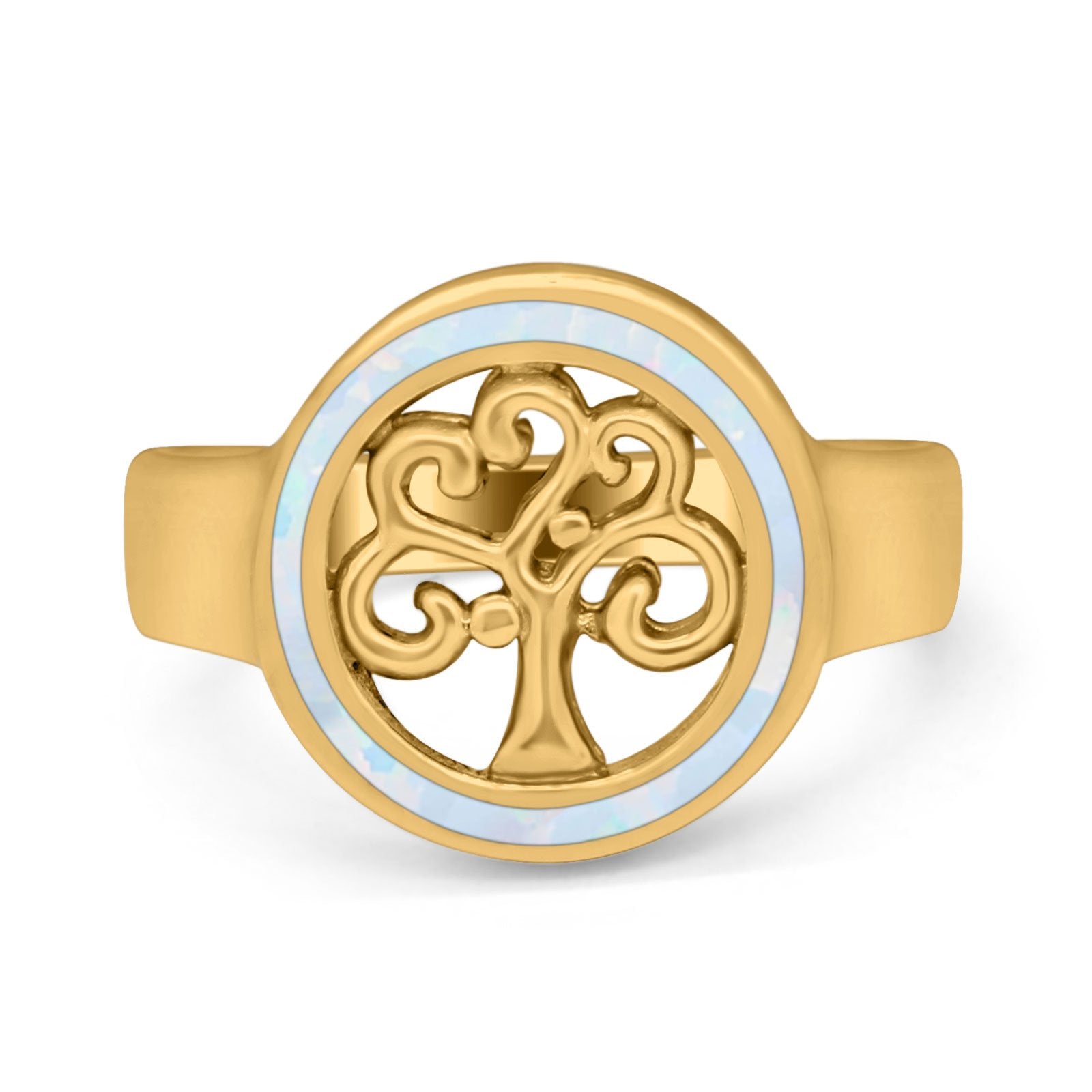 Tree of Life Band Ring Simulated Cubic Zirconia Opal 925 Sterling Silver