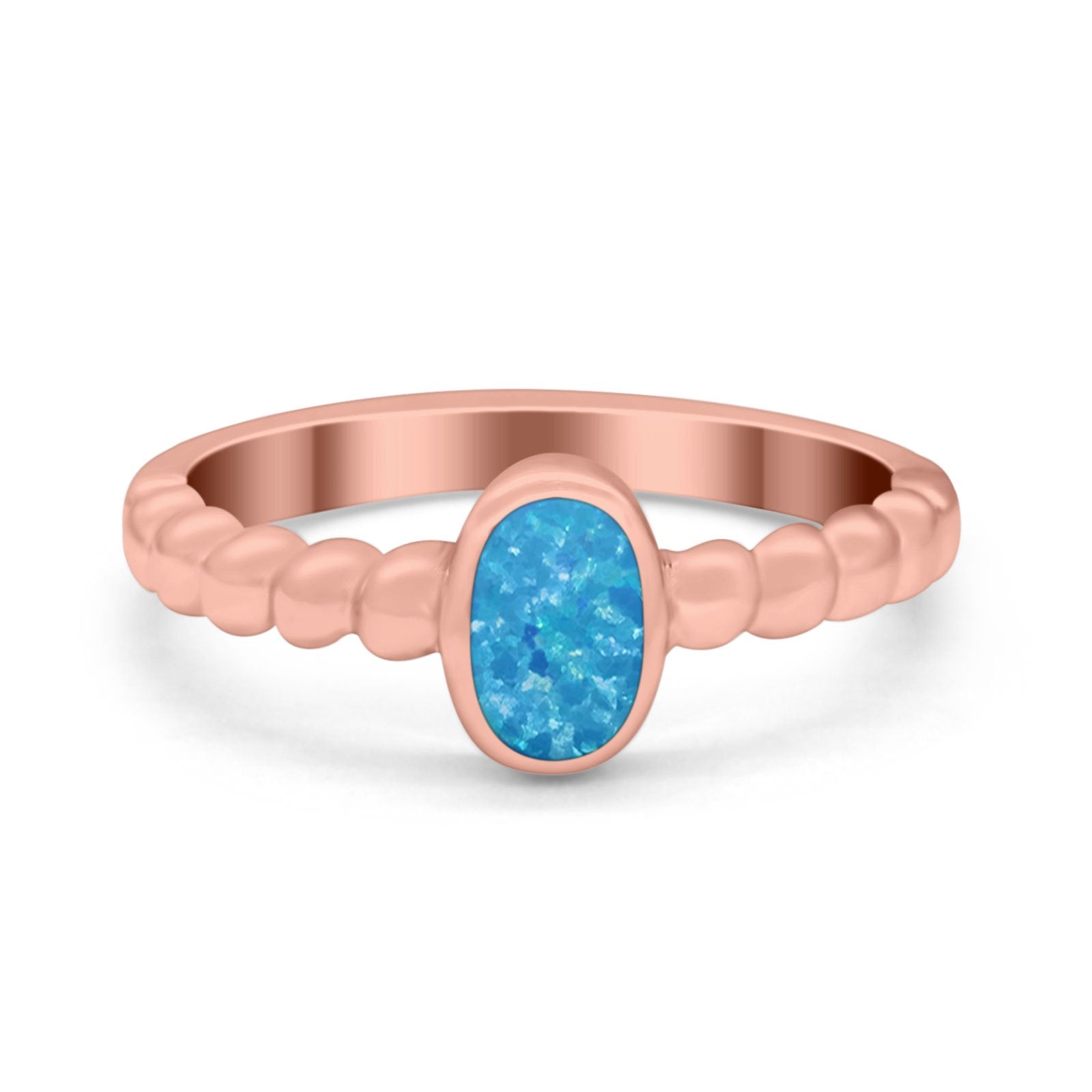 Solitaire Oval Ring Beaded Design Band Simulated Opal Round 925 Sterling Silver