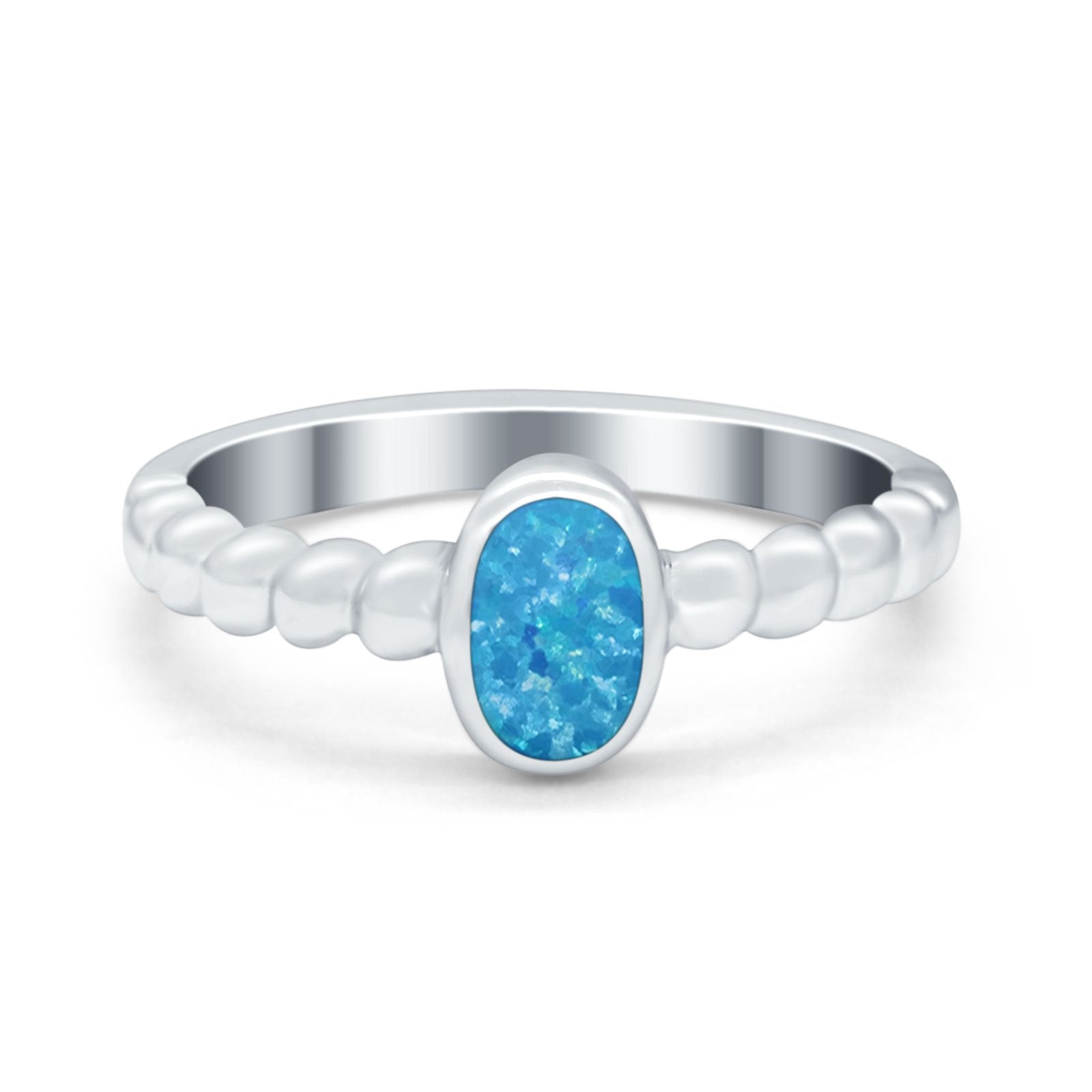 Solitaire Oval Ring Beaded Design Band Simulated Opal Round 925 Sterling Silver