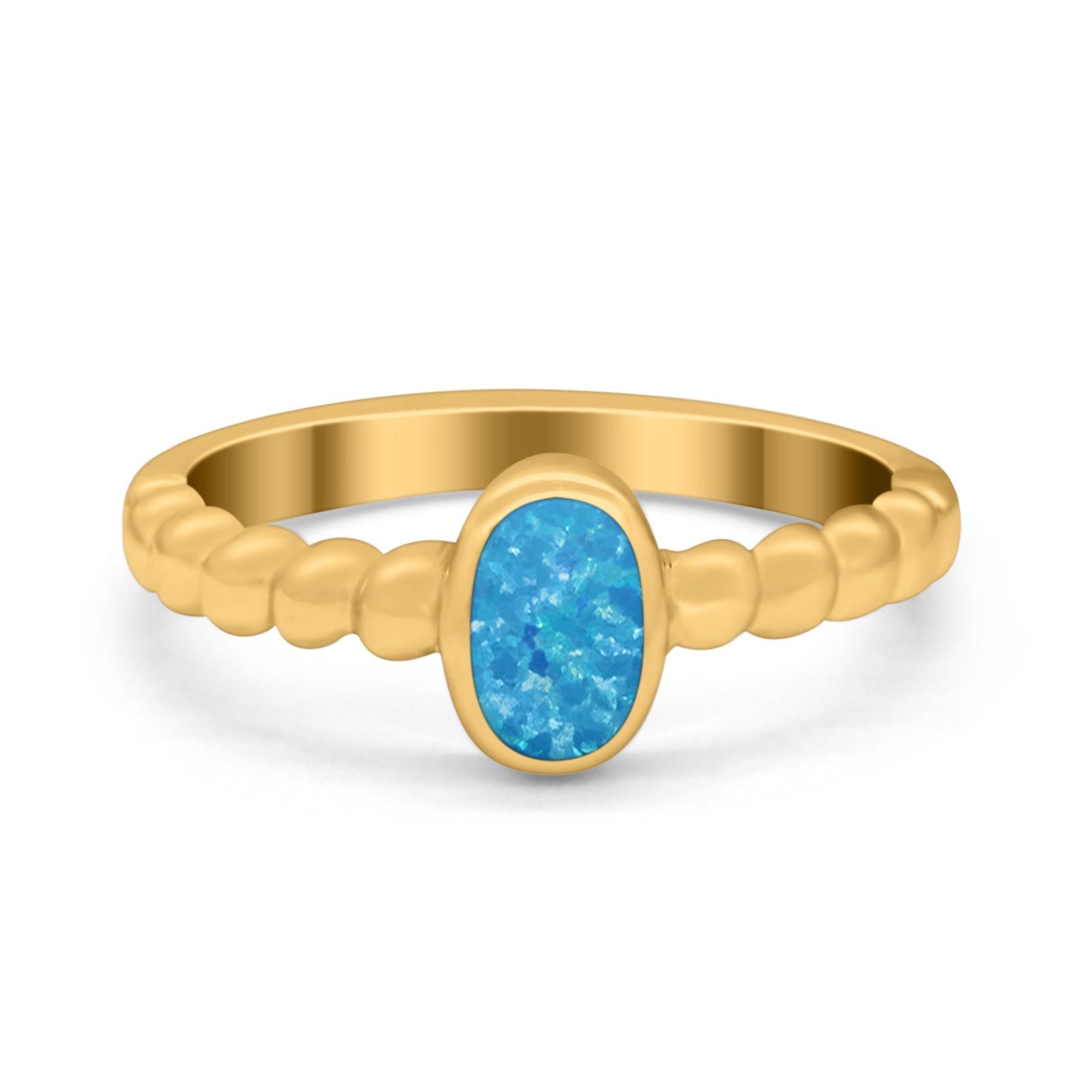 Solitaire Oval Ring Beaded Design Band Simulated Opal Round 925 Sterling Silver
