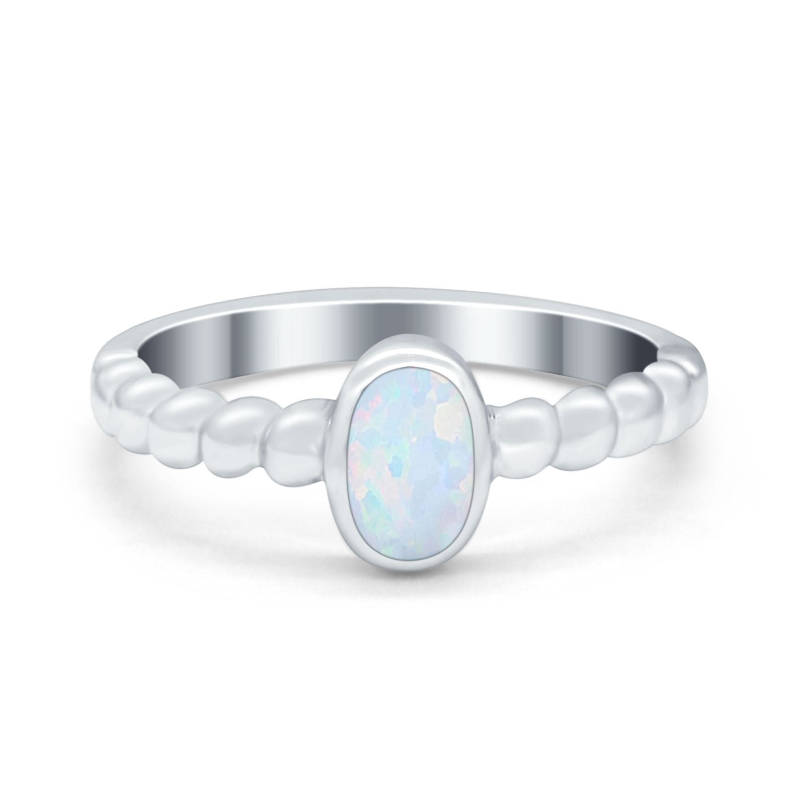 Solitaire Oval Ring Beaded Design Band Simulated Opal Round 925 Sterling Silver