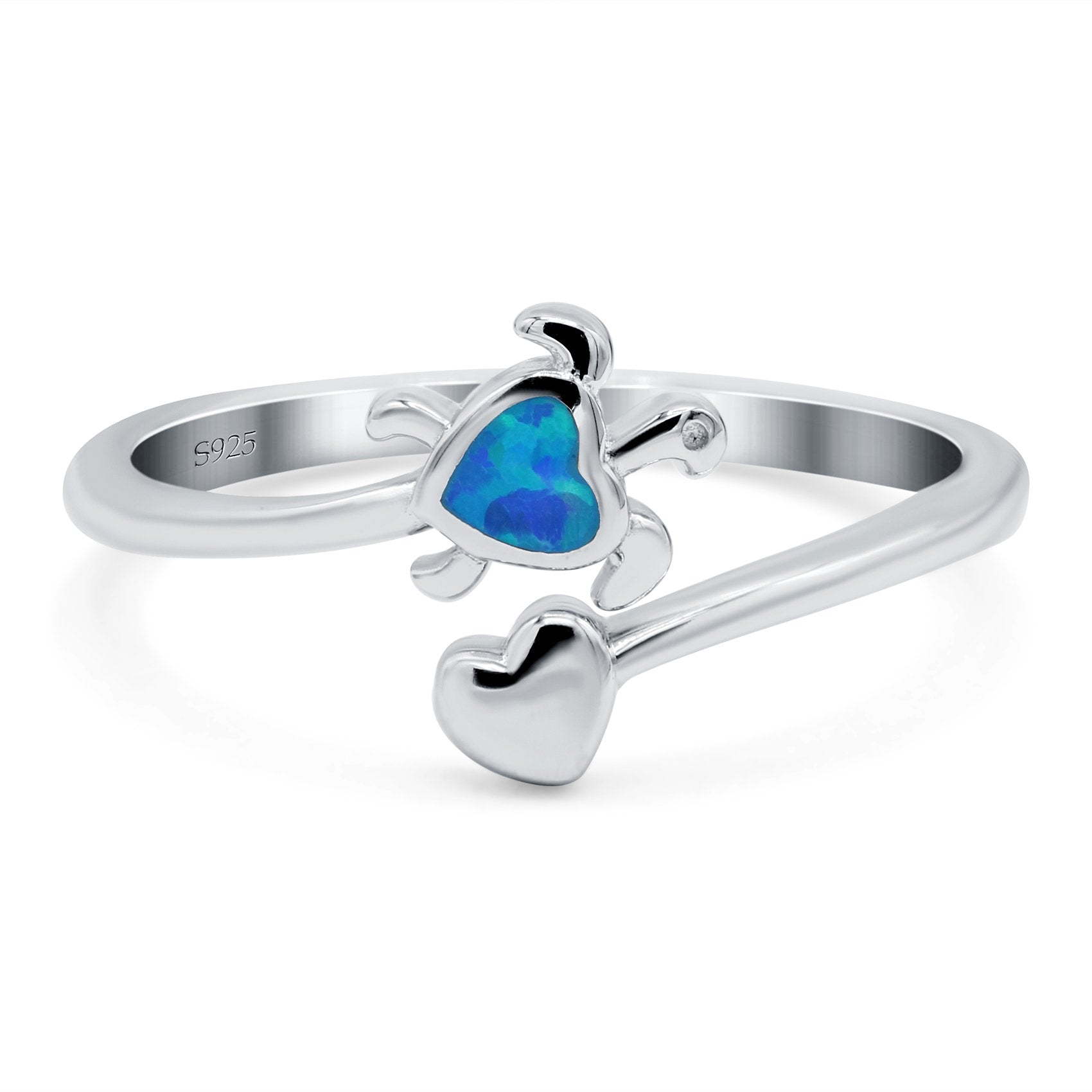 Turtle & Heart Ring Band Lab Created Opal 925 Sterling Silver (10mm)