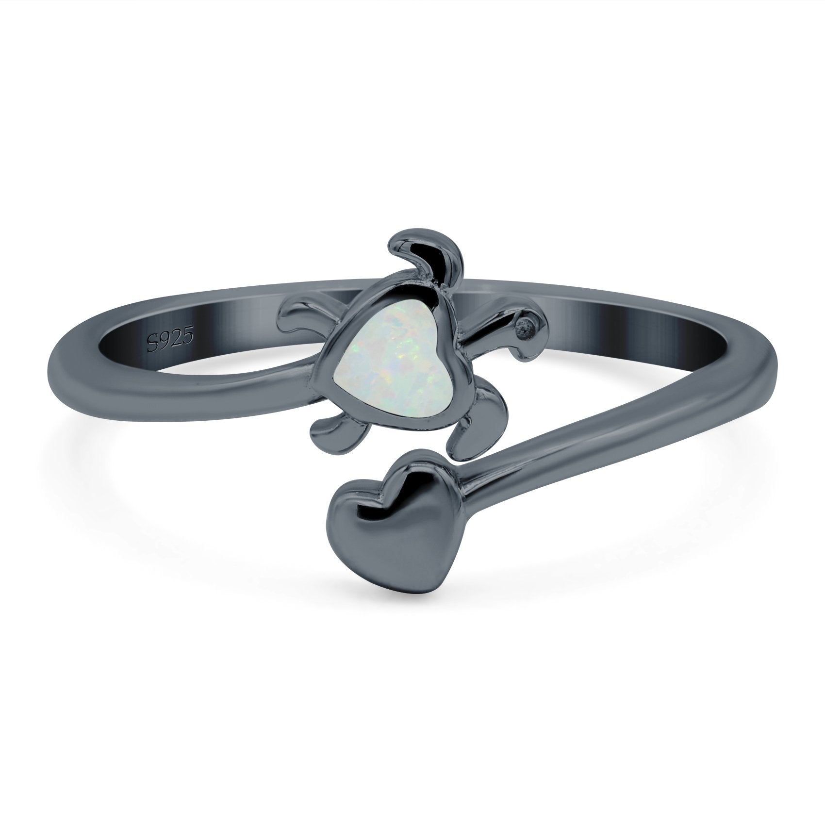 Turtle & Heart Ring Band Lab Created Opal 925 Sterling Silver (10mm)