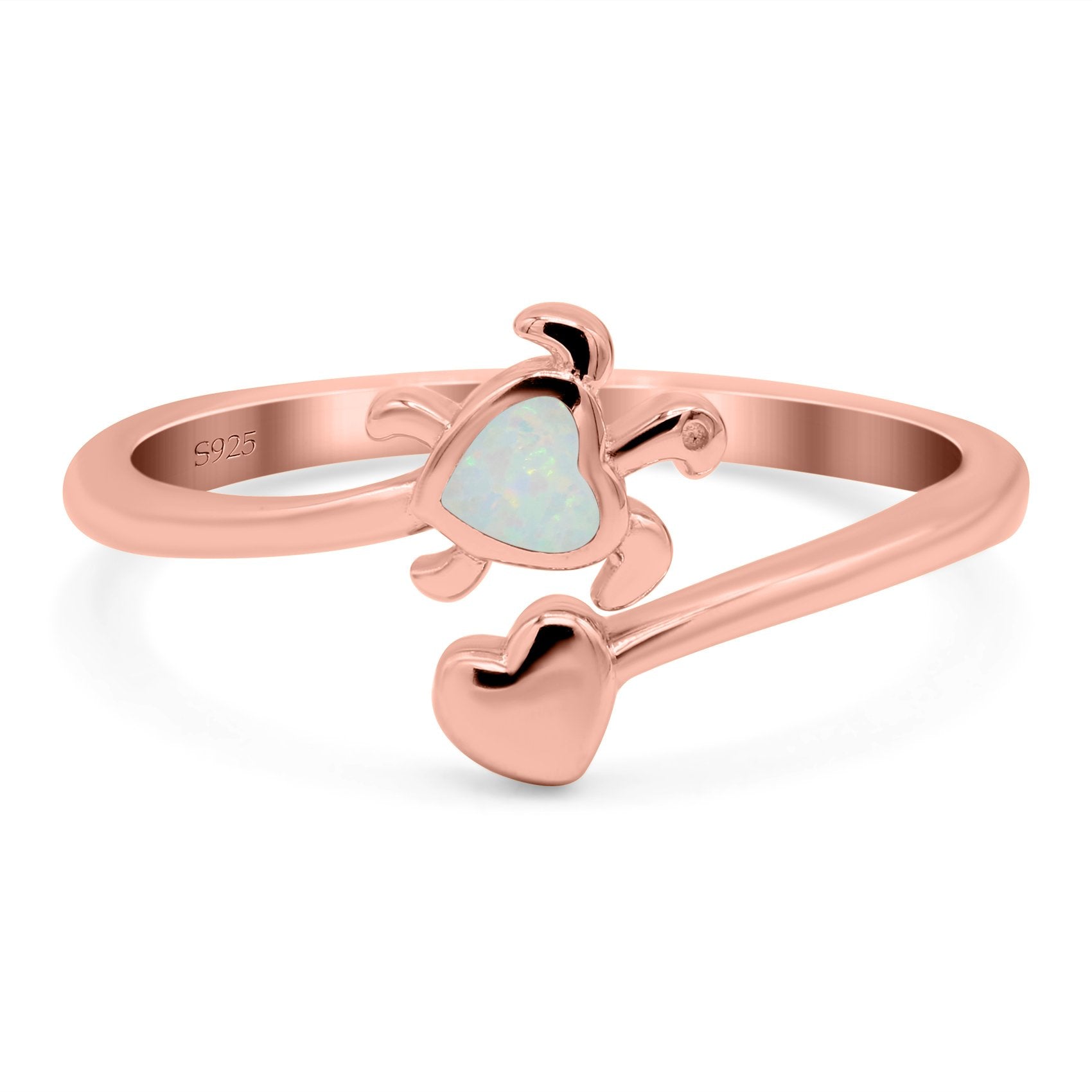 Turtle & Heart Ring Band Lab Created Opal 925 Sterling Silver (10mm)