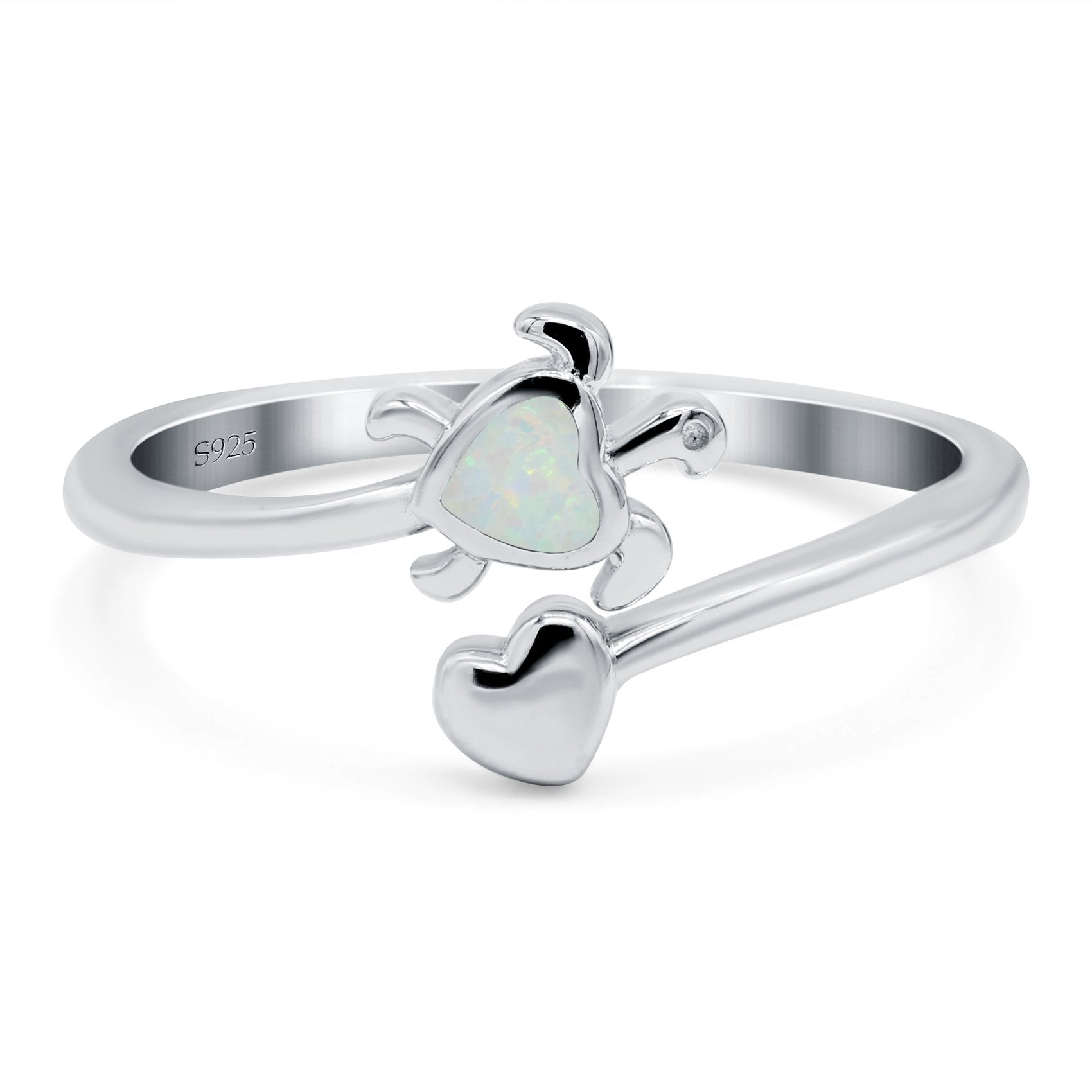 Turtle & Heart Ring Band Lab Created Opal 925 Sterling Silver (10mm)