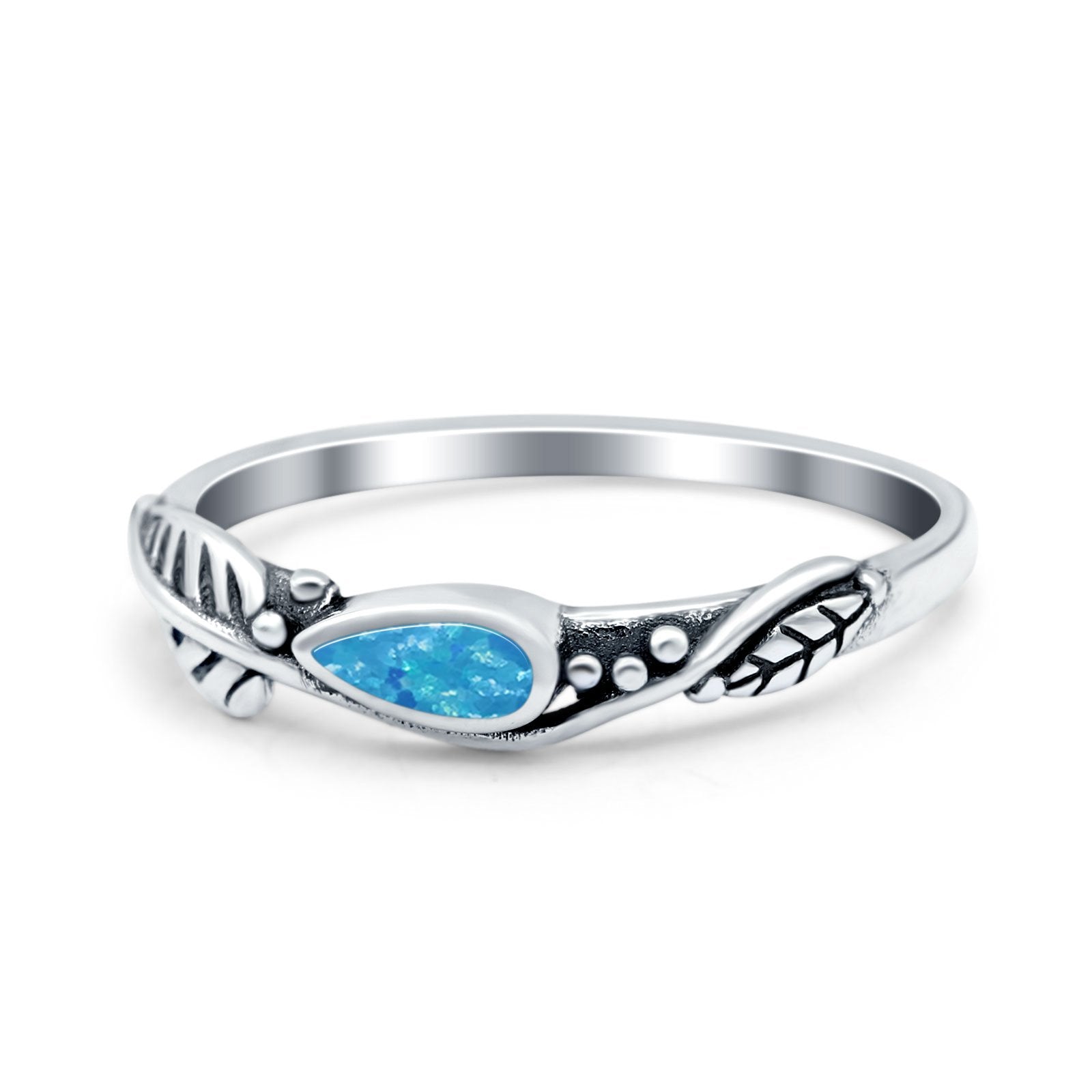 Sideways Oxidized Ring Cubic Zirconia Leaf Design Pear Lab Created Opal 925 Sterling Silver