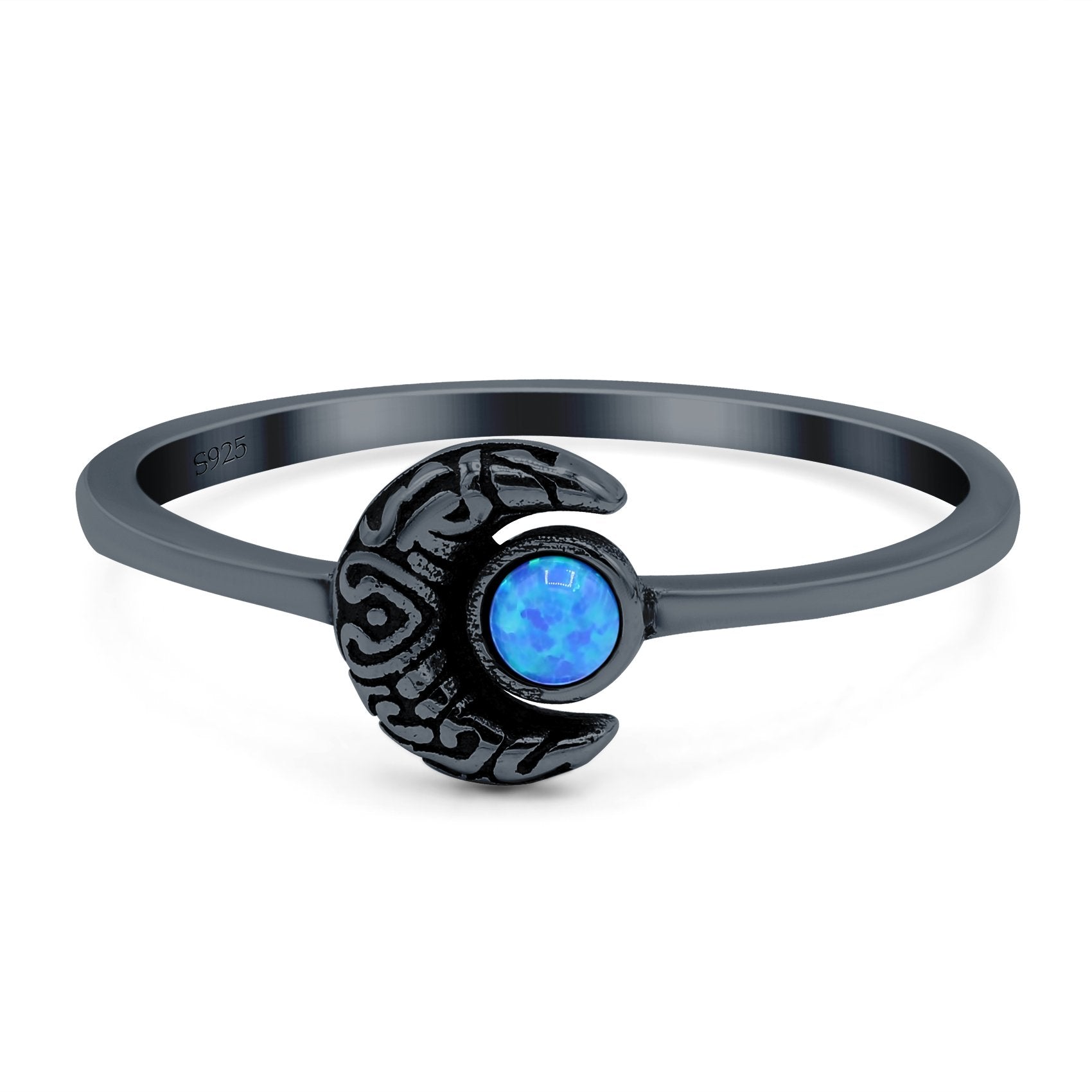 Crescent Moon Band Ring Round Lab Created Opal 925 Sterling Silver