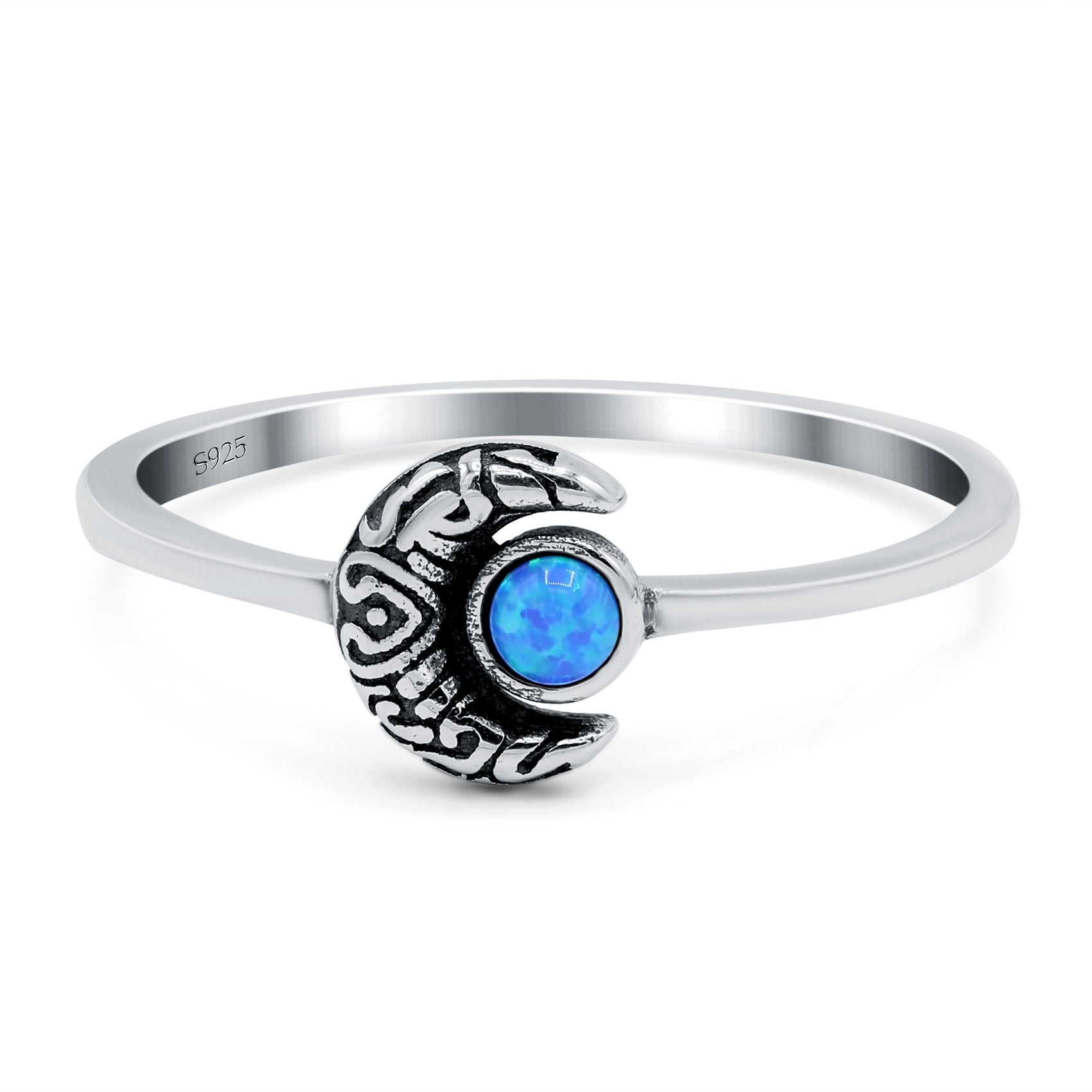 Crescent Moon Band Ring Round Lab Created Opal 925 Sterling Silver