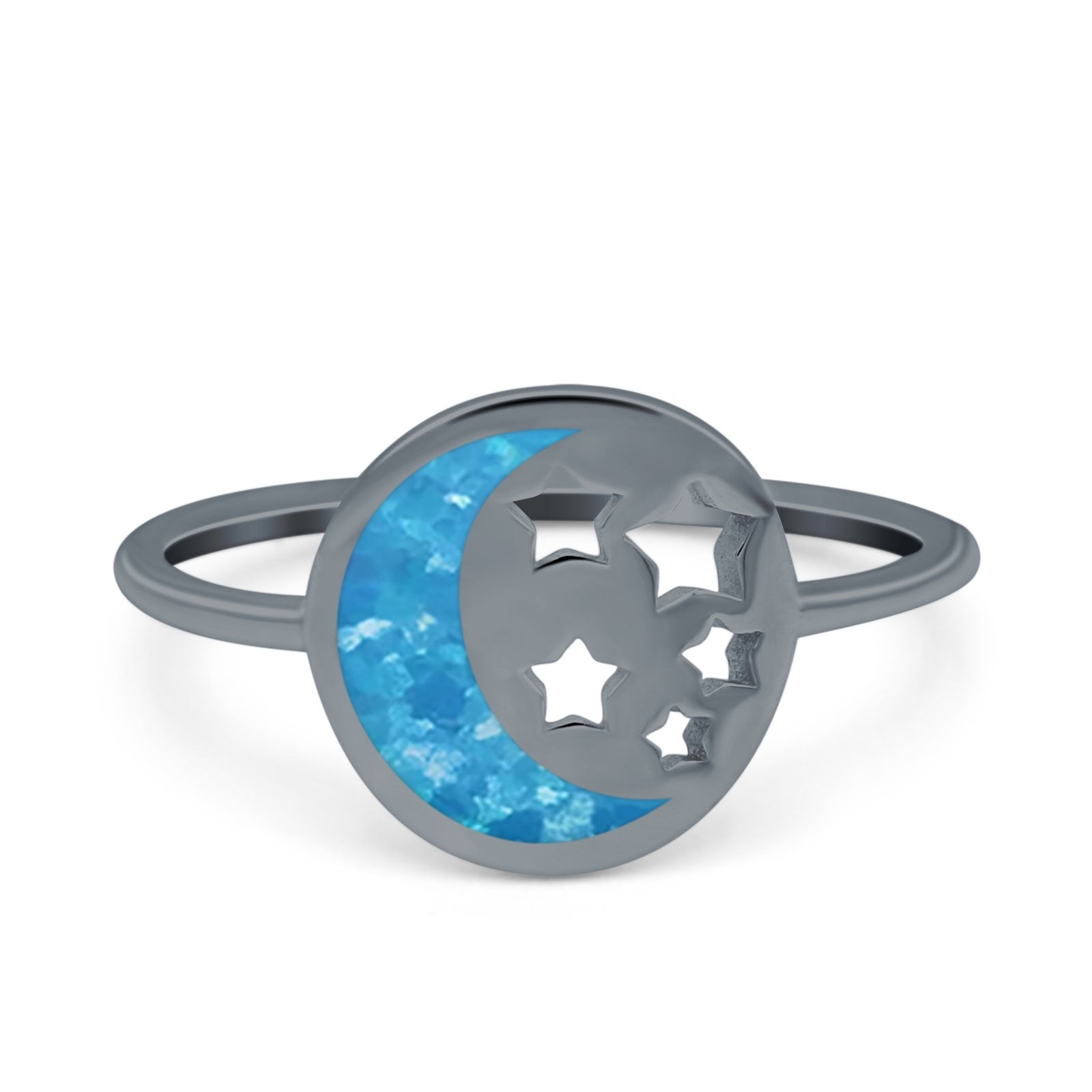 Moon and Stars Ring Band Lab Created Opal 925 Sterling Silver (12mm)