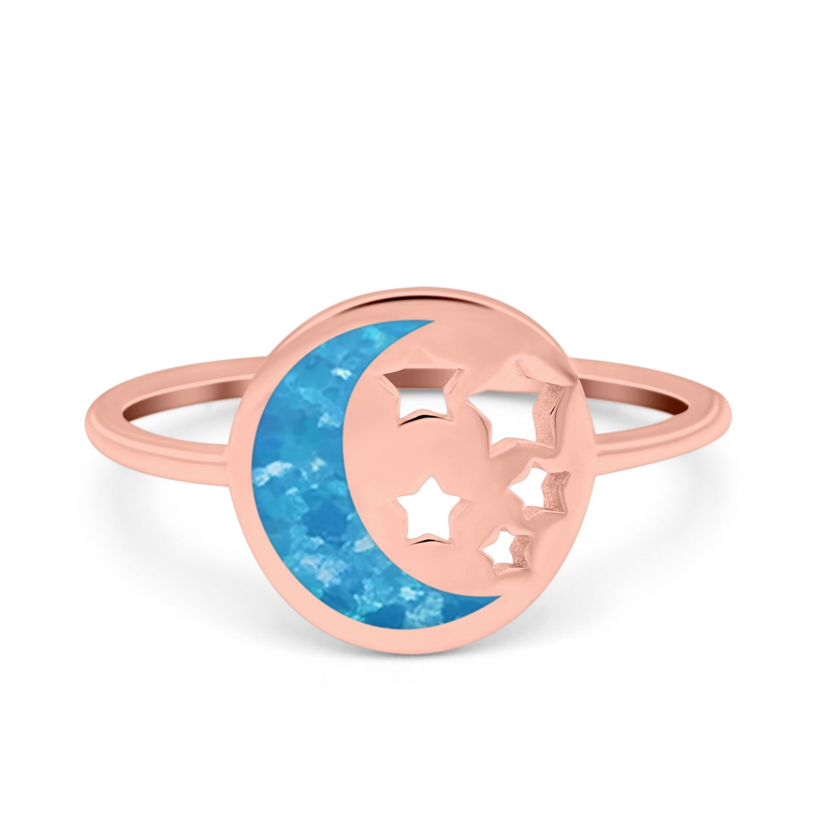 Moon and Stars Ring Band Lab Created Opal 925 Sterling Silver (12mm)